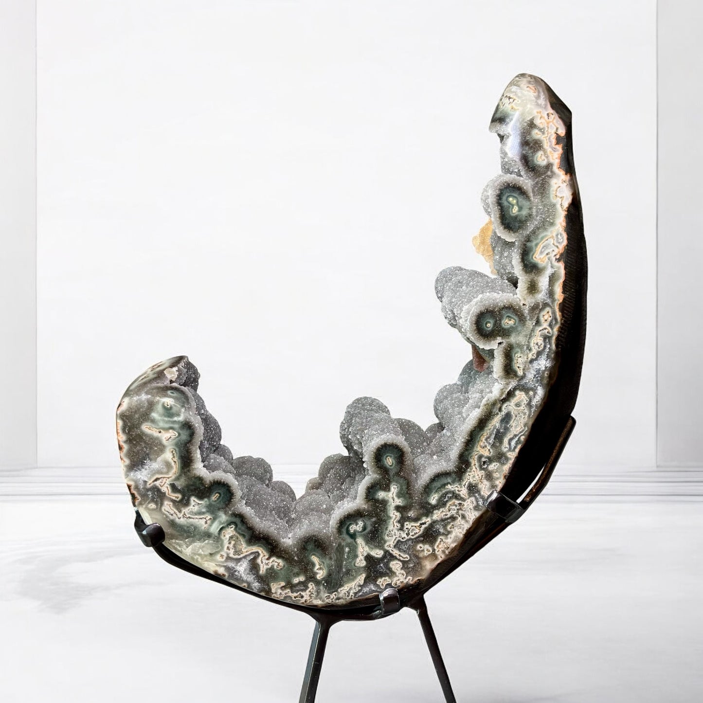 Crescent Druzy Jasper Stalactite Sculpture with Pyrite & Calcite