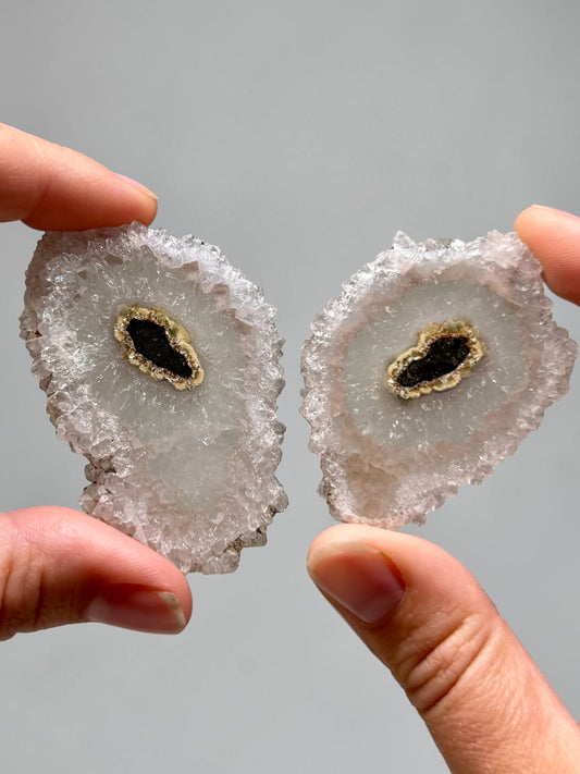 “Owl Eyes” Stalactite Slice Pair- Brazil | River Walkers Minerals