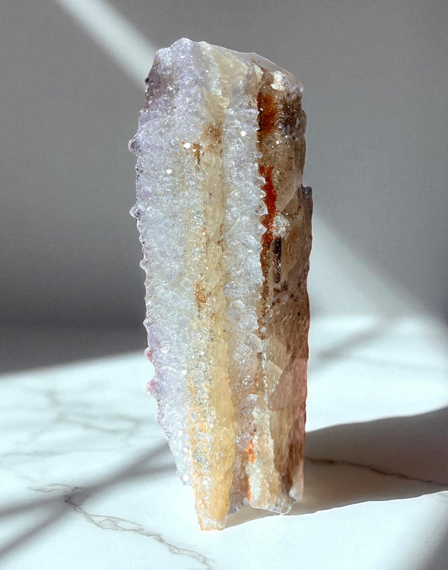 Calcite with Quartz Druse, Amethyst & Orange Iron-Oxide Veins