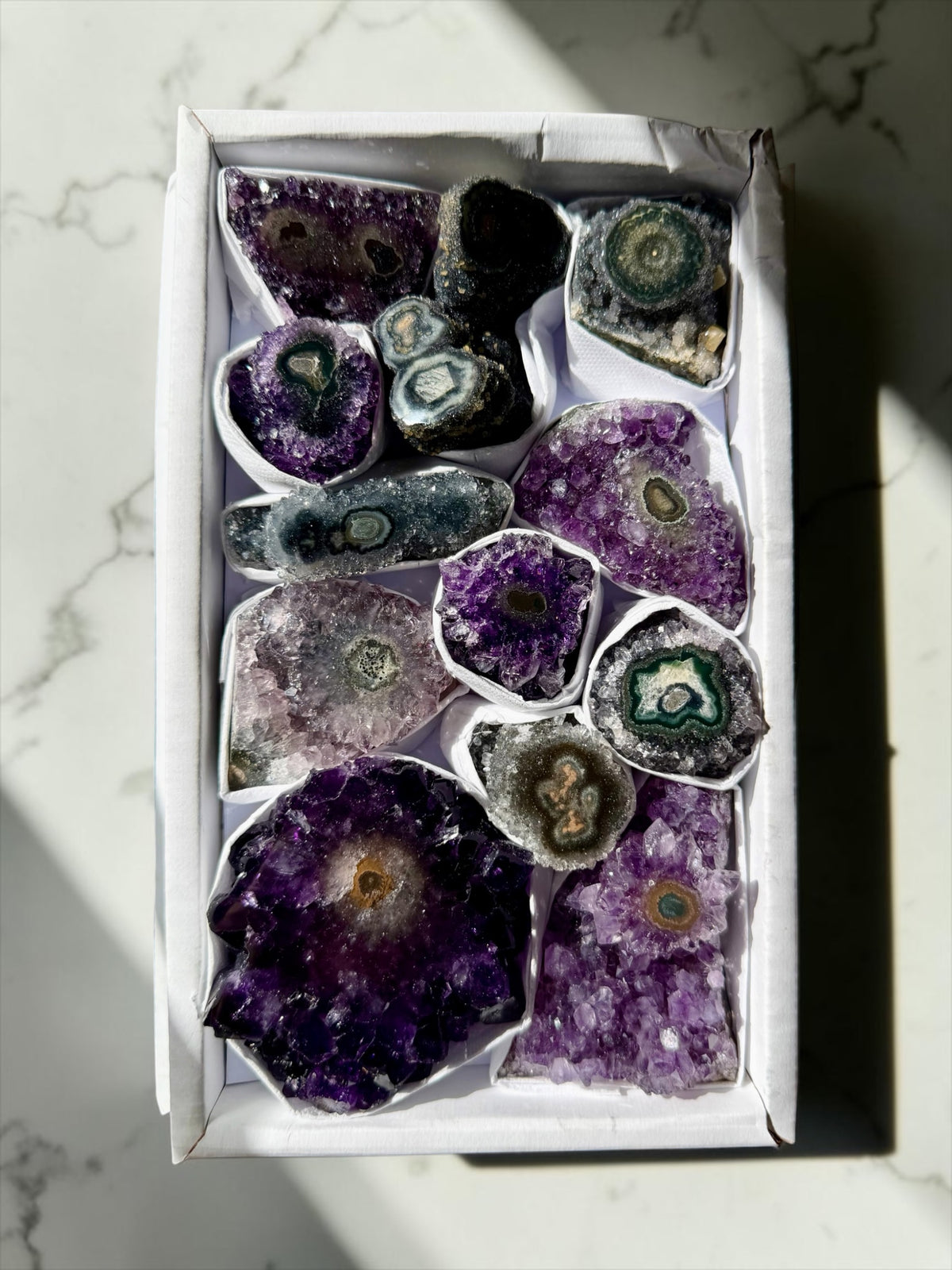 XTRA QUALITY Mixed Flat of Amethyst & Jasper Stalactite "Eyes"- Uruguay | River Walkers Minerals (Copy)