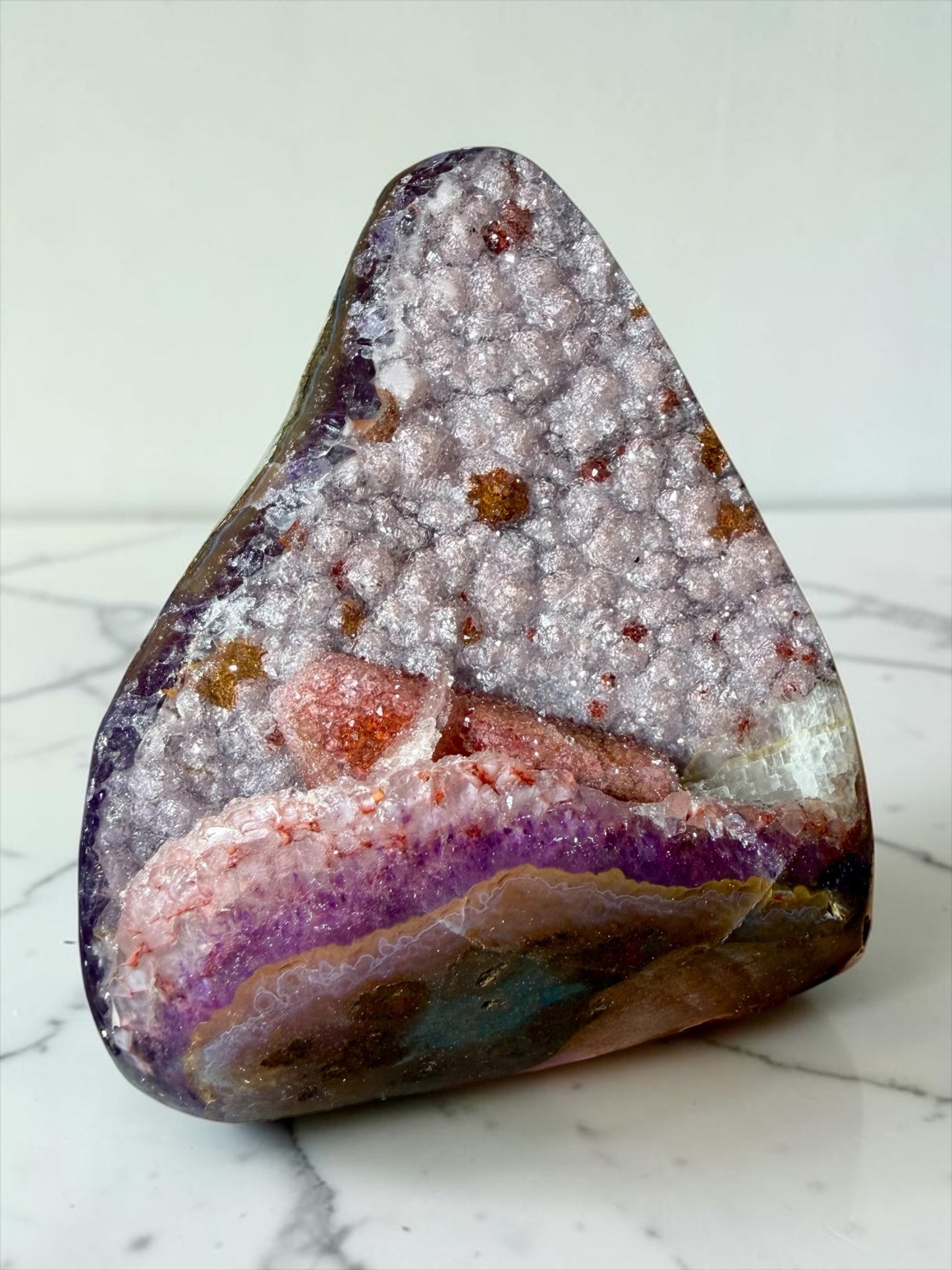 Unusual Pink Druzy Calcite on Druzy Amethyst Cutbase- Uruguay | River Walkers Minerals