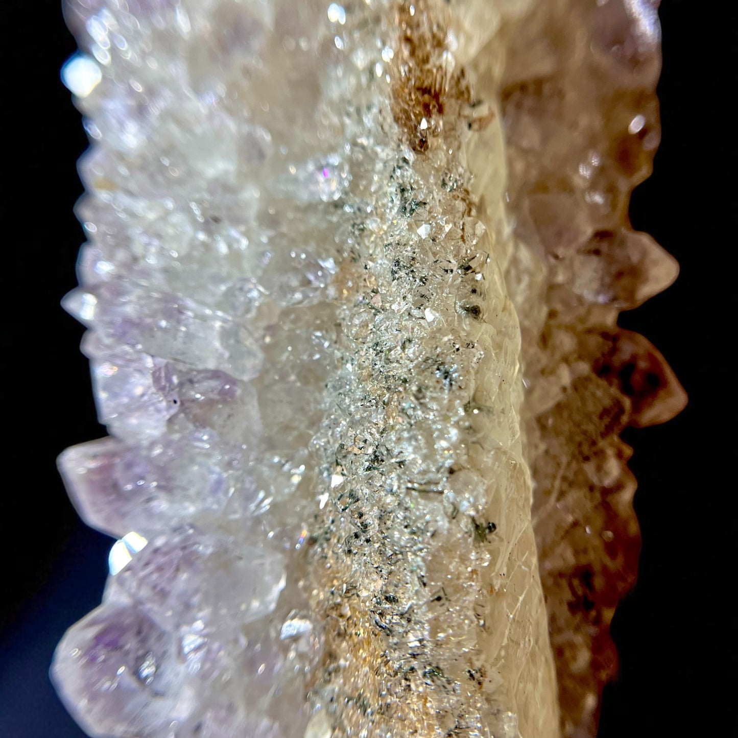 Calcite with Quartz Druse, Amethyst & Orange Iron-Oxide Veins