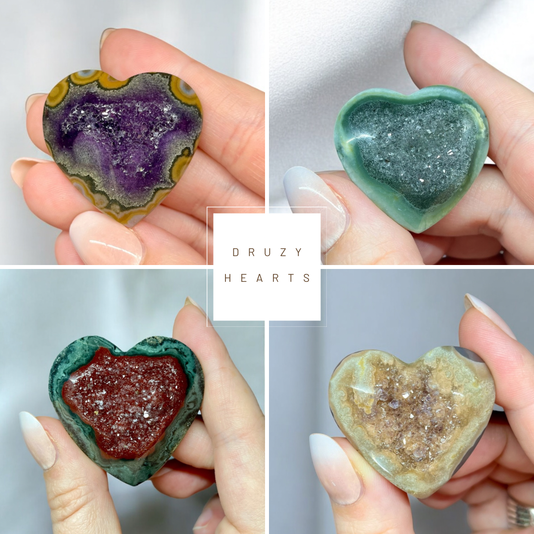 Druzy Rainbow Amethyst x Jasper Hearts 2”