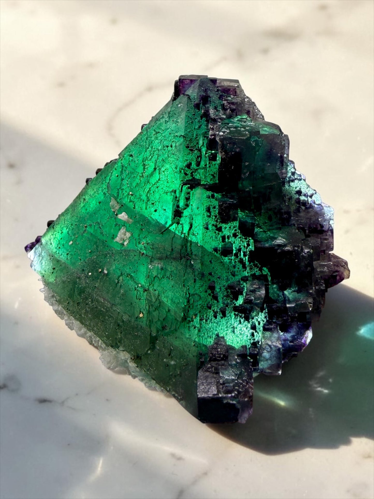 Green Octahedral Fluorite with Blue Stepped Fluorite, Quartz & Pyrite- Jiangxi | River Walkers Minerals