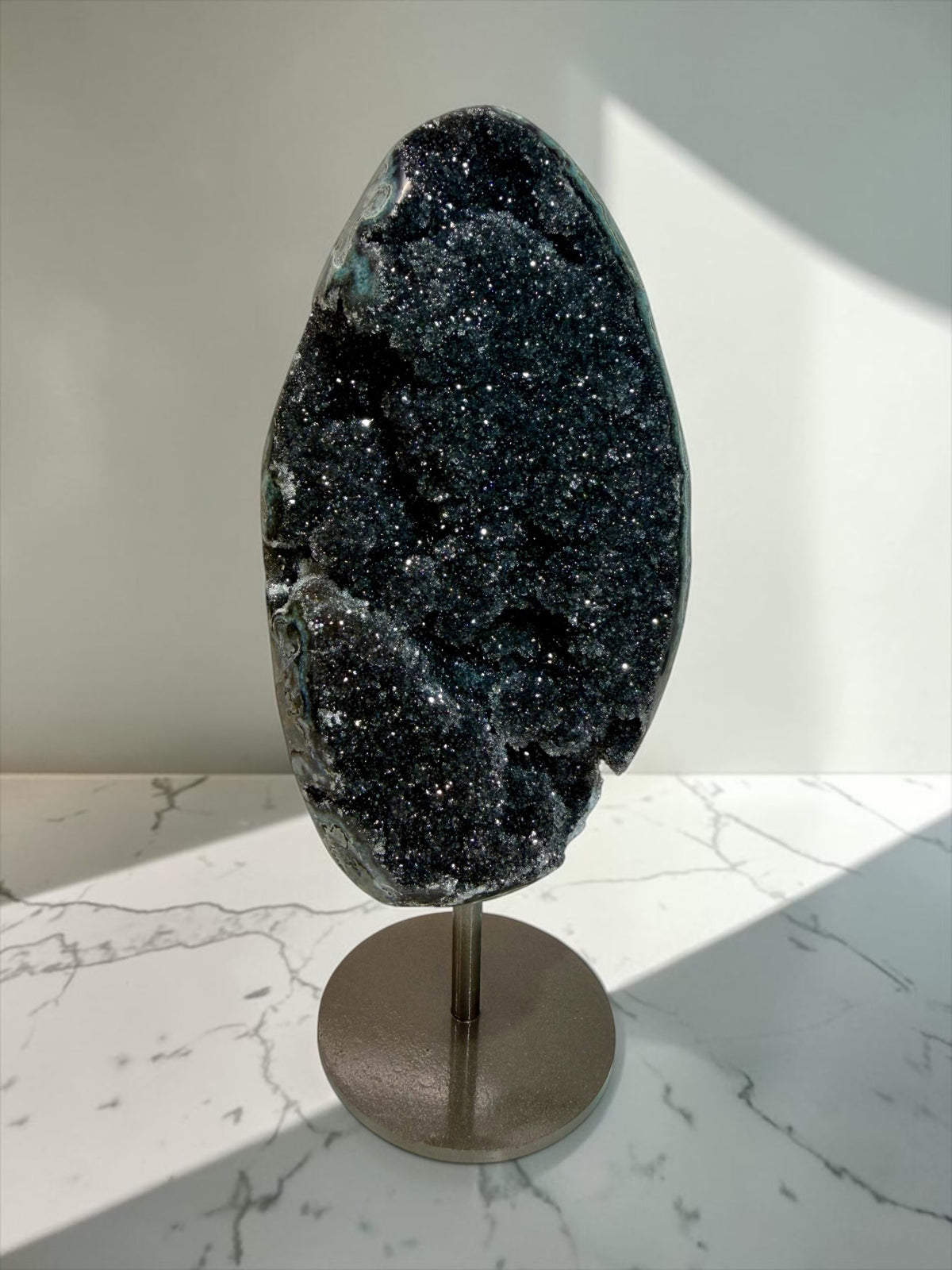 Black Druzy Amethyst Display Piece With Blue Agate- Uruguay | River Walkers Minerals