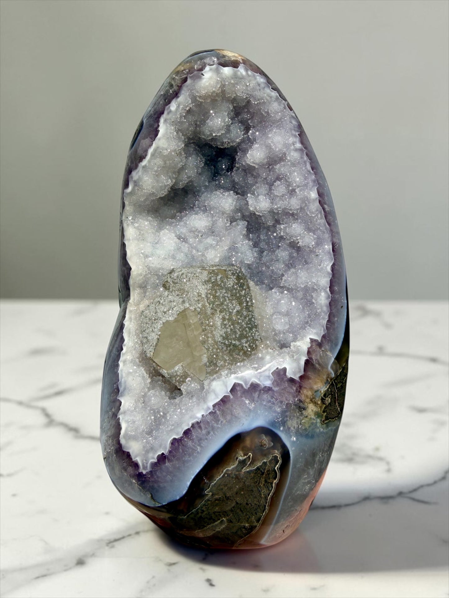 Large Druzy Quartz with Blue Agate, Amethyst, and Calcite