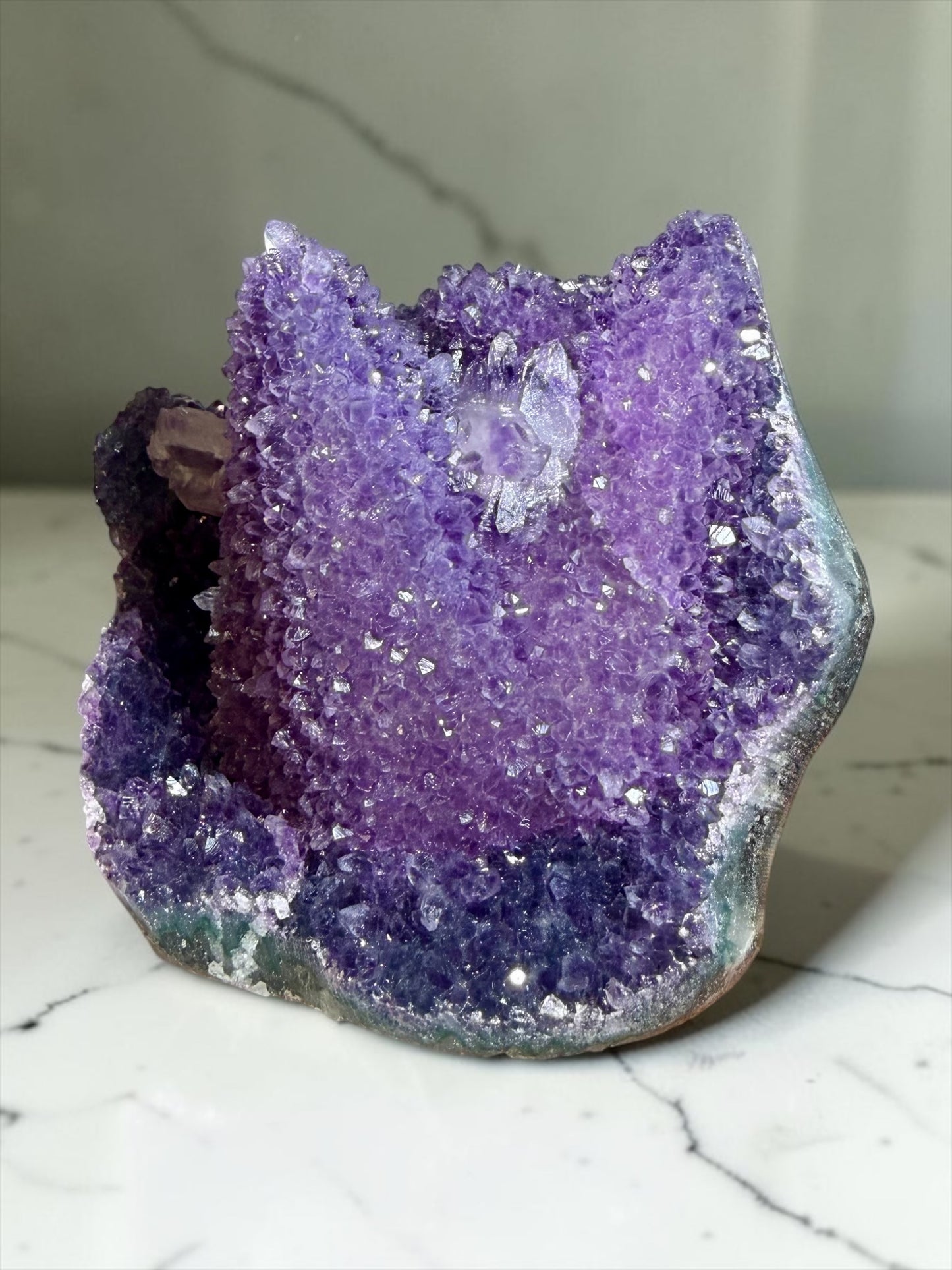 Large Amethyst-Coated Dogtooth Calcite with Green Agate- Uruguay | River Walkers Minerals