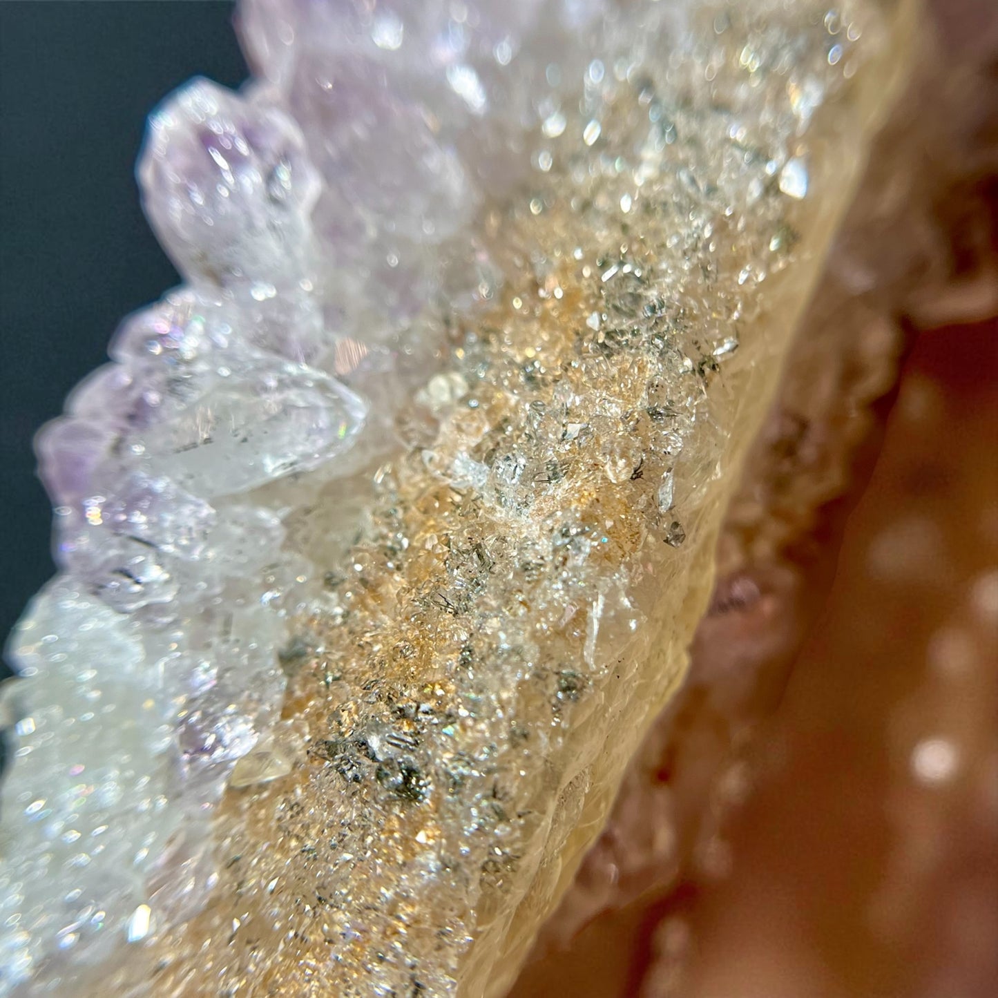 Calcite with Quartz Druse, Amethyst & Orange Iron-Oxide Veins