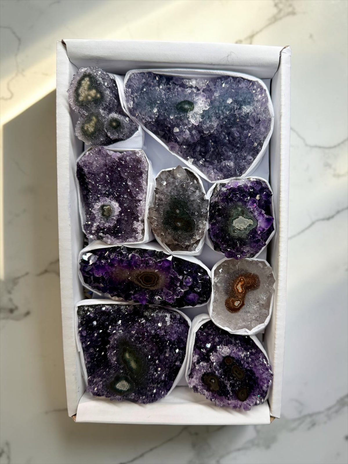 Mixed Flat of Amethyst & Jasper Stalactite "Eyes"- Uruguay | River Walkers Minerals