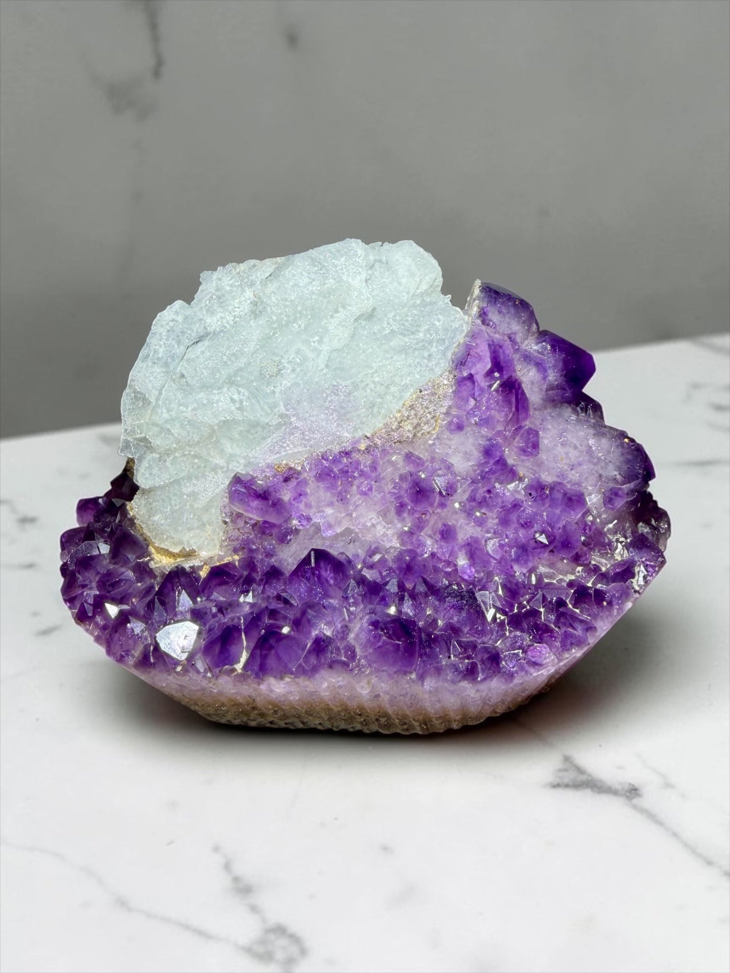 Large Juicy Amethyst with Dissolution-Etched Calcite- Uruguay | River Walkers Minerals