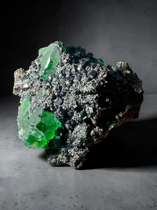 Classic Green Octahedral Fluorite on Galena-Dominant Matrix -Peru | River Walkers Minerals