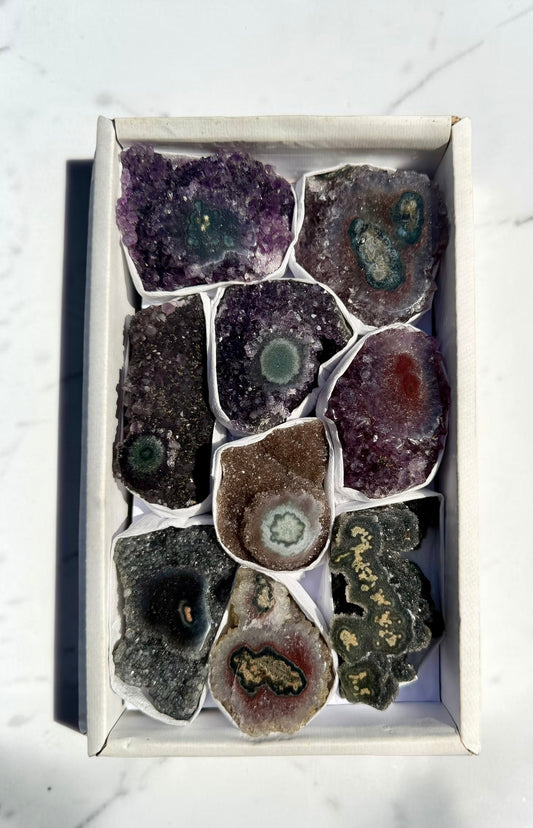 Mixed Flat of Amethyst & Jasper Stalactite "Eyes"- Uruguay | River Walkers Minerals