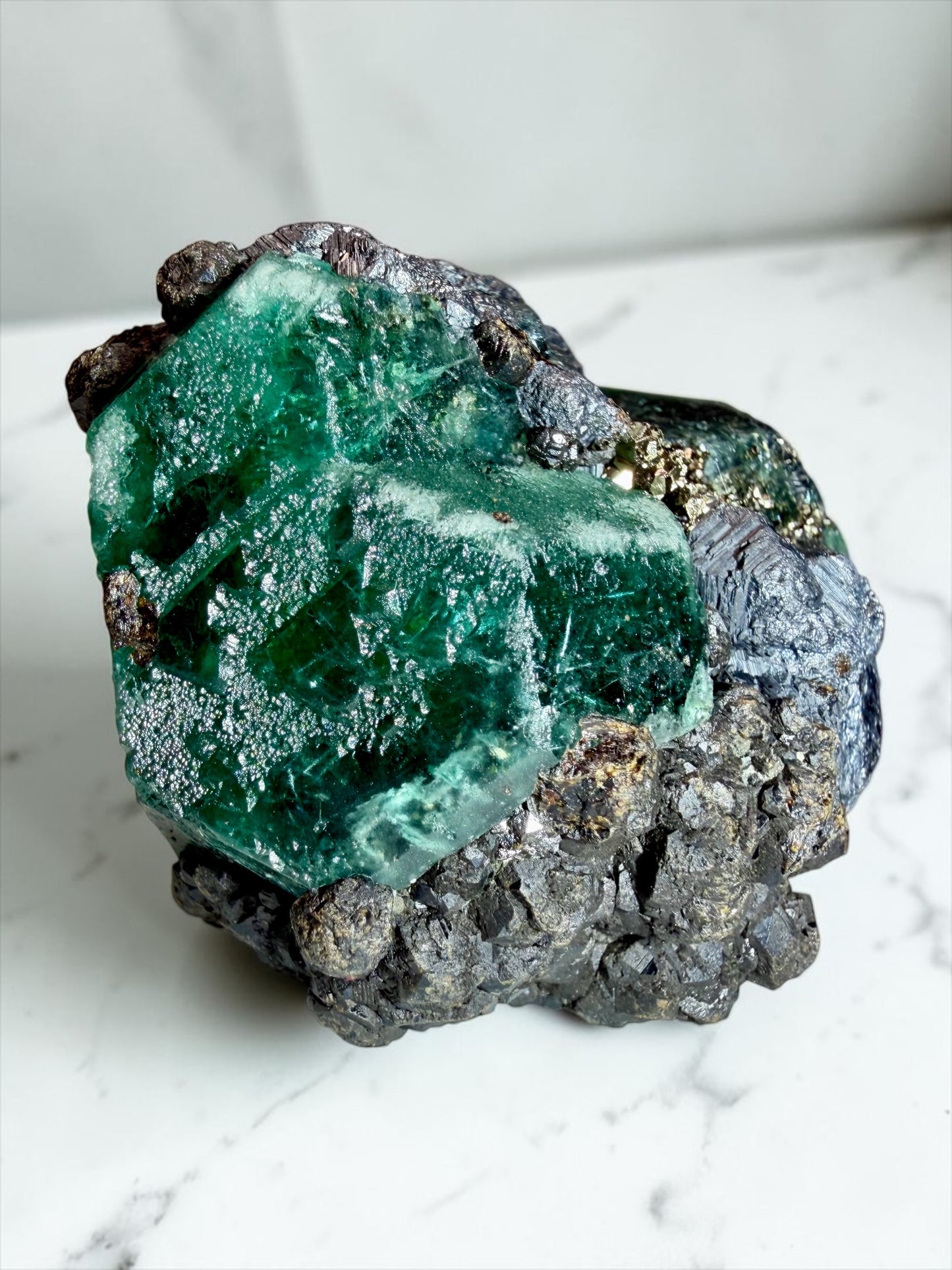 Ocean-Blue Dodecahedral Fluorite with Galena, Geocronite, Pyrite & Boulangerite Inclusions- Peru | River Walkers Minerals