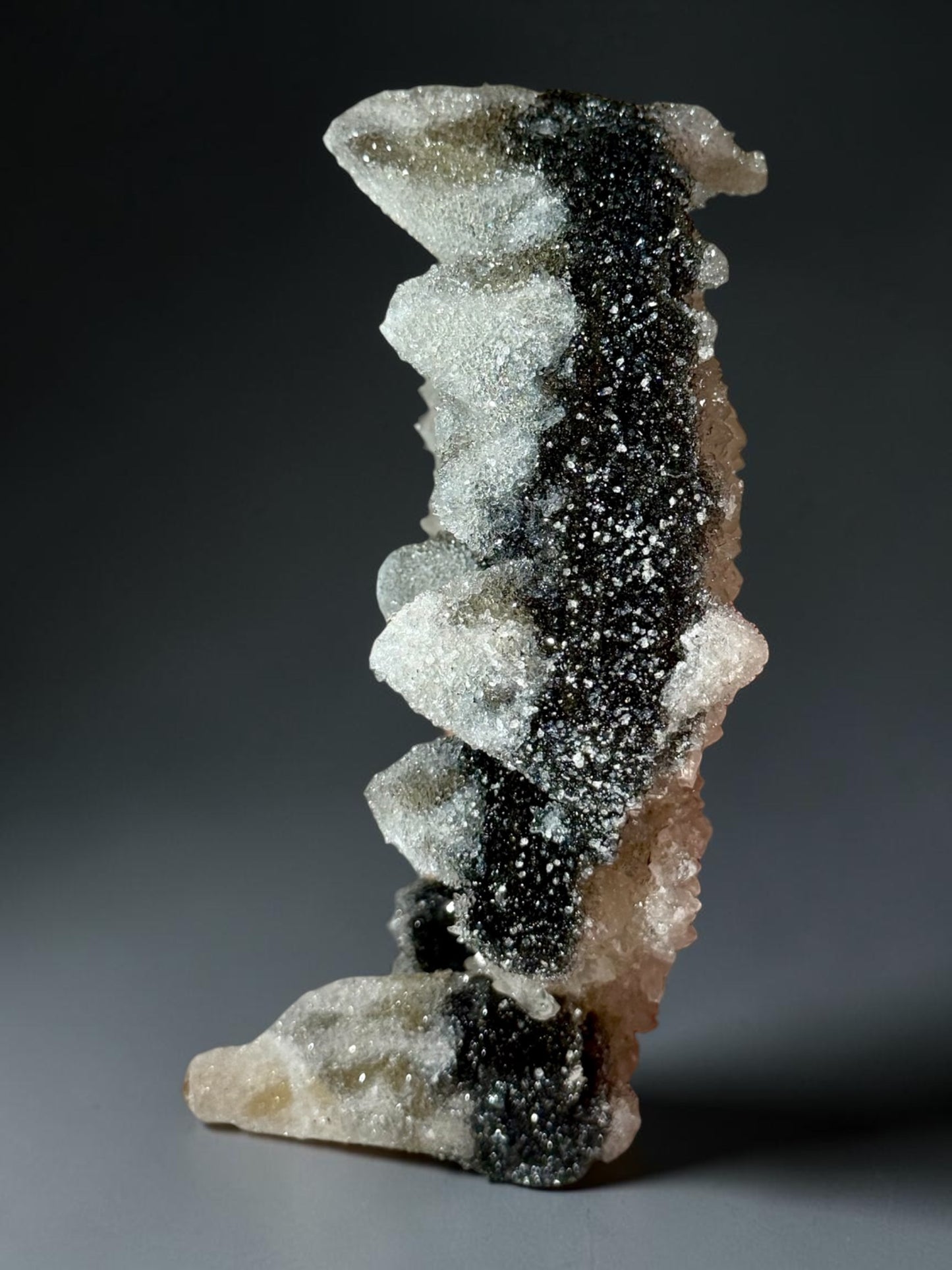 Crowned Hexagonal Calcite with Druzy Quartz & Goethite Strip- Uruguay | River Walkers Minerals