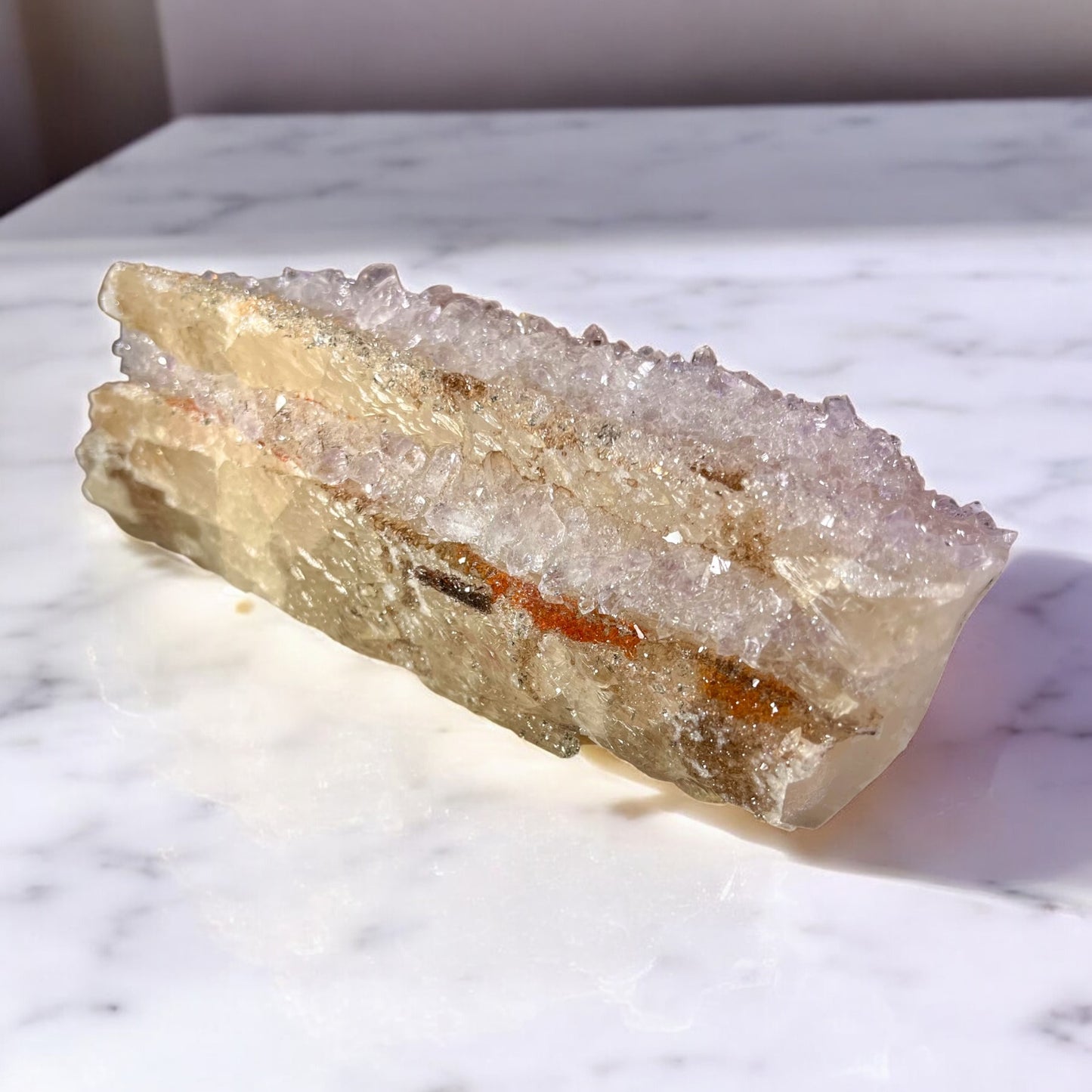 Calcite with Quartz Druse, Amethyst & Orange Iron-Oxide Veins