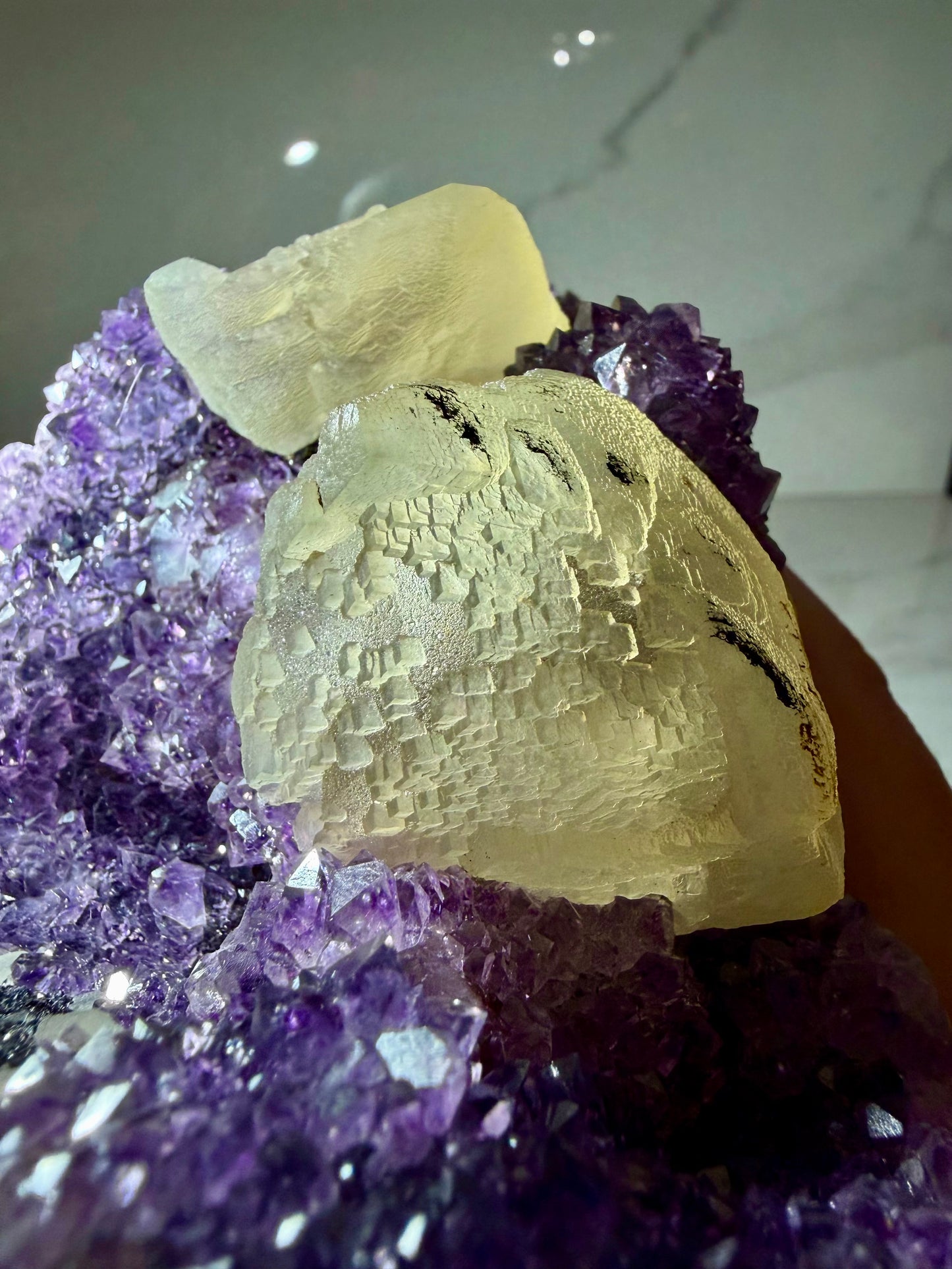 Pixel-Formation Calcite on Amethyst with Goethite- Uruguay | River Walkers Minerals