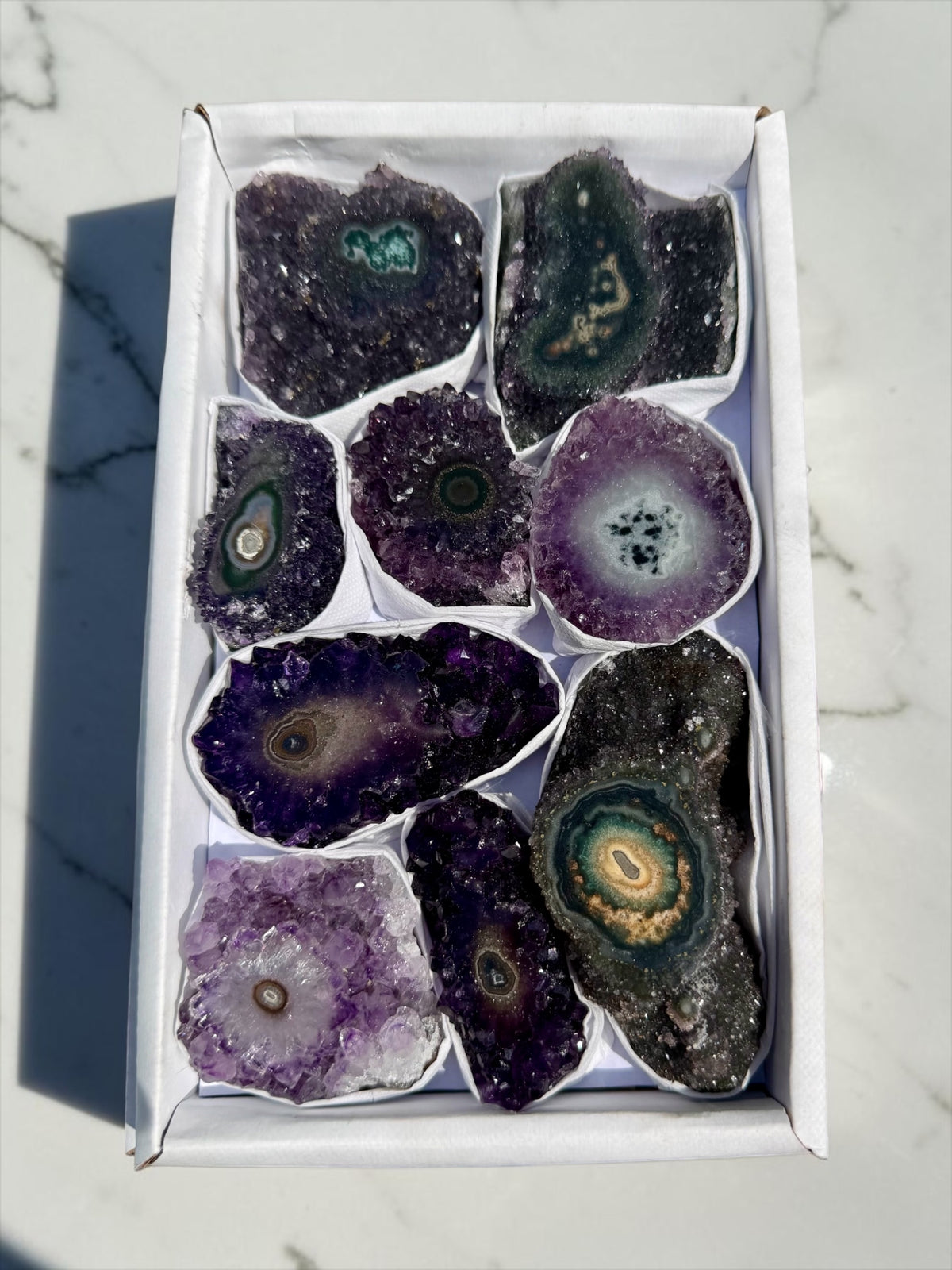 XTRA QUALITY Mixed Flat of Amethyst & Jasper Stalactite "Eyes"- Uruguay | River Walkers Minerals