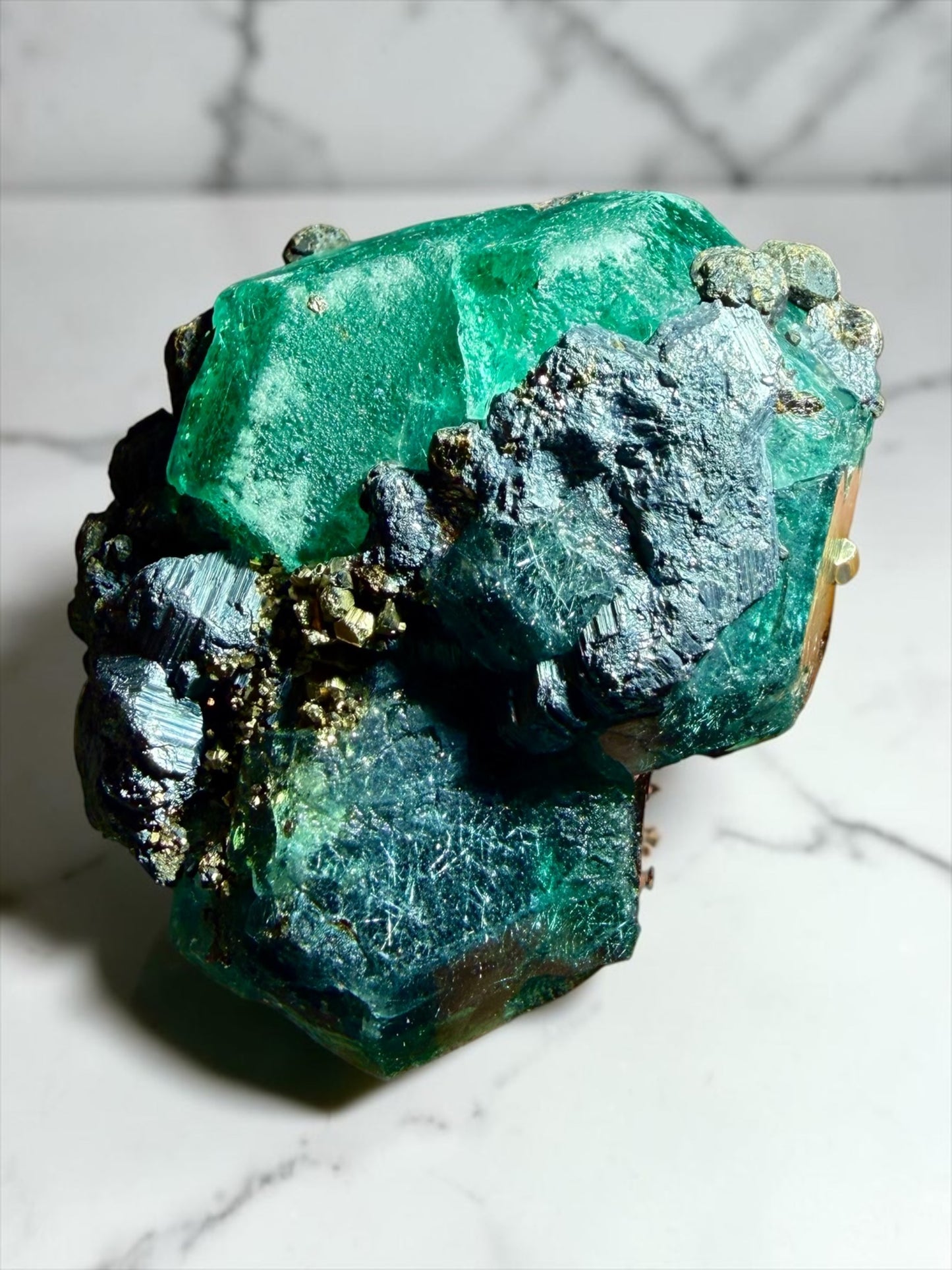 Ocean-Blue Dodecahedral Fluorite with Galena, Geocronite, Pyrite & Boulangerite Inclusions- Peru | River Walkers Minerals