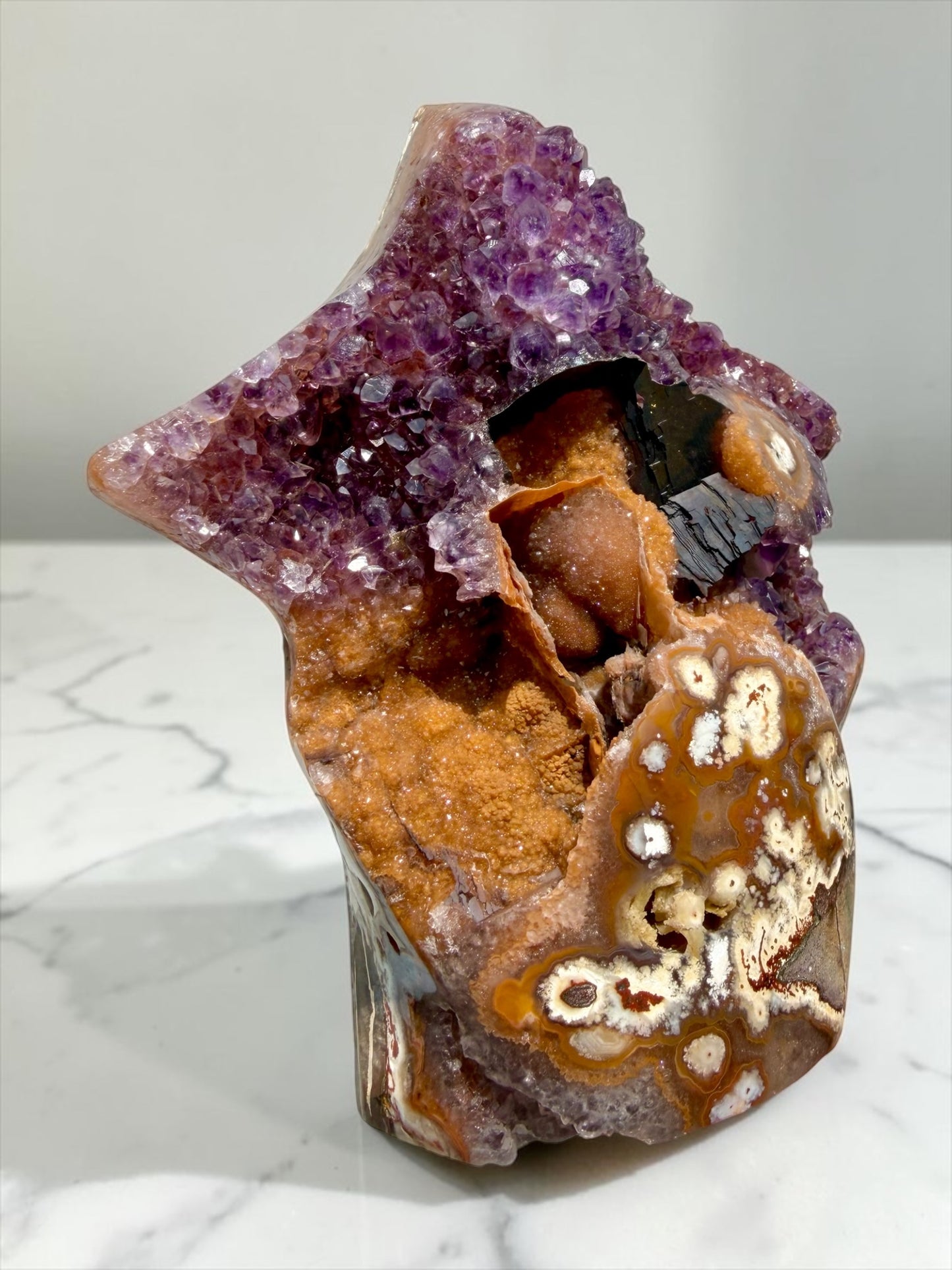 Star-Shaped Magenta Amethyst with Calcite Casts & Orange Druzy- Uruguay | River Walkers Minerals