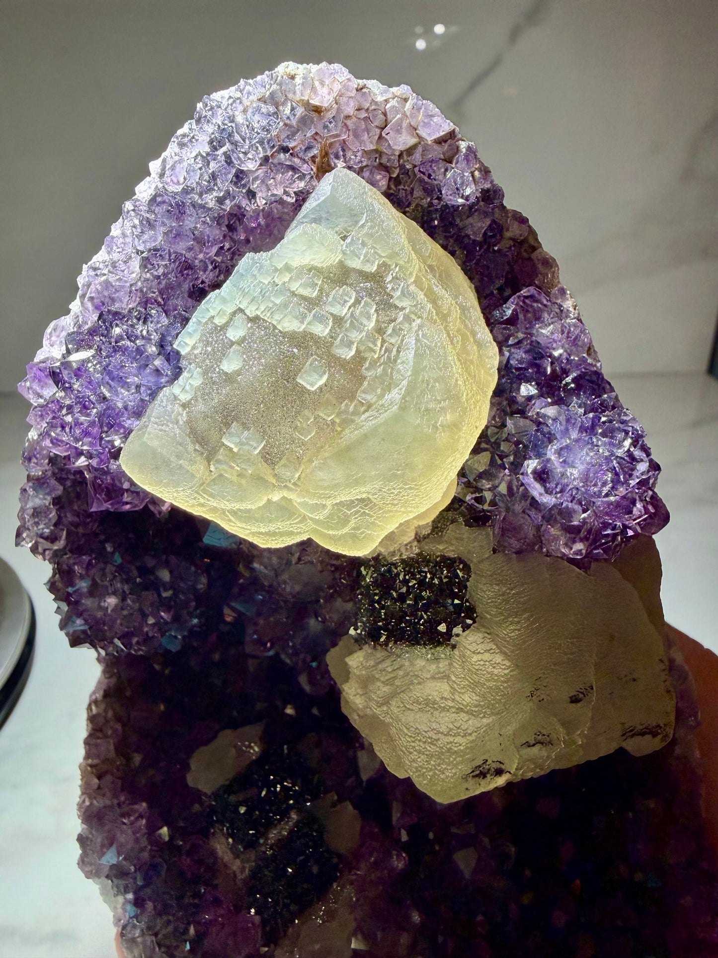 Pixel-Formation Calcite on Amethyst with Goethite- Uruguay | River Walkers Minerals