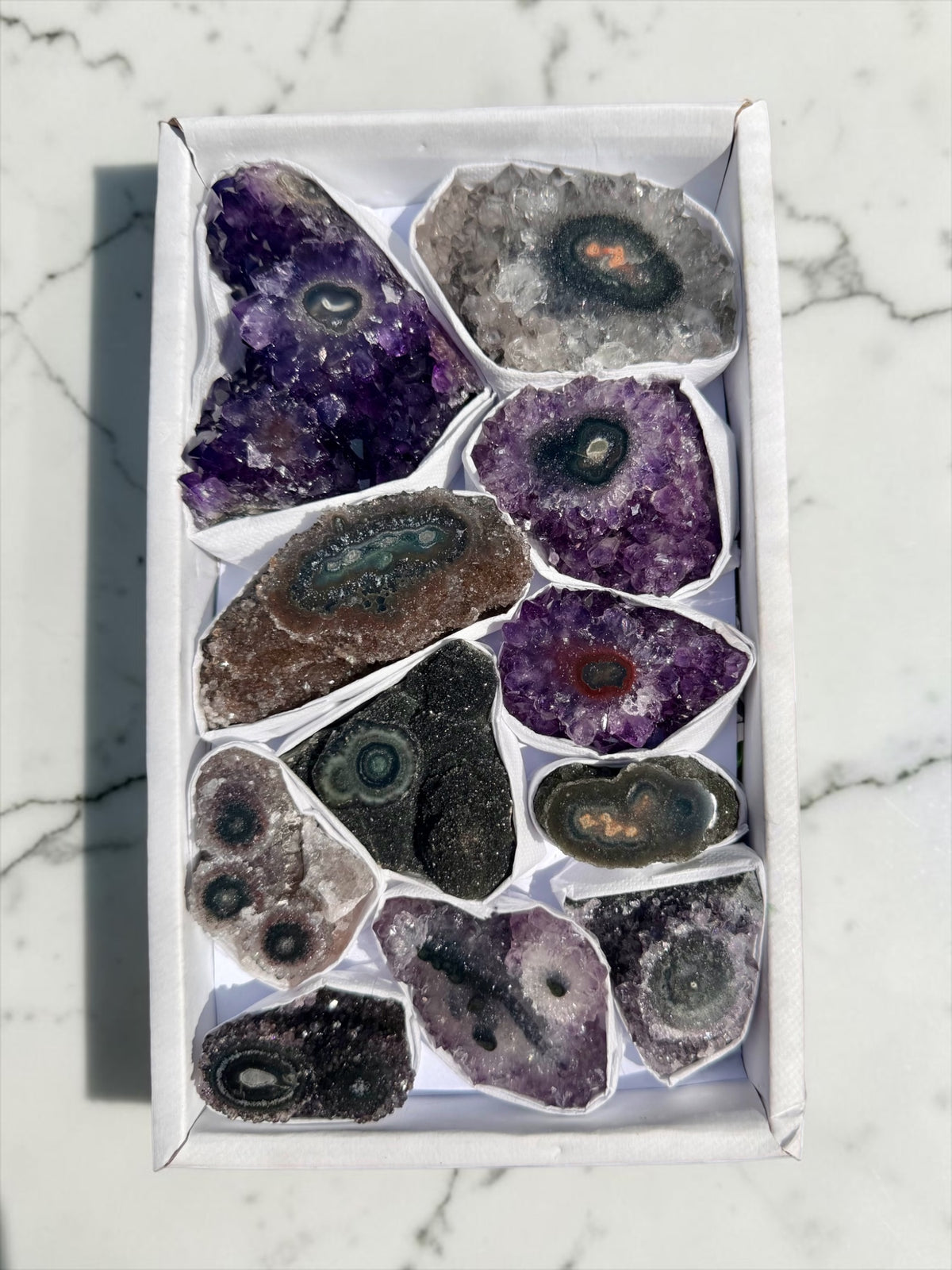 Mixed Flat of Amethyst & Jasper Stalactite "Eyes"- Uruguay | River Walkers Minerals