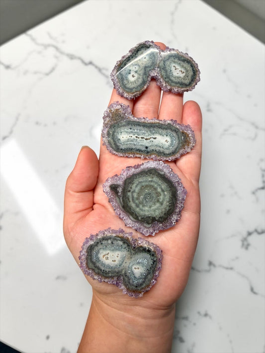 Amethyst Stalactite Slice Collector’s Set – 4 One-of-a-Kind Polished Specimens - Brazil | River Walkers Minerals
