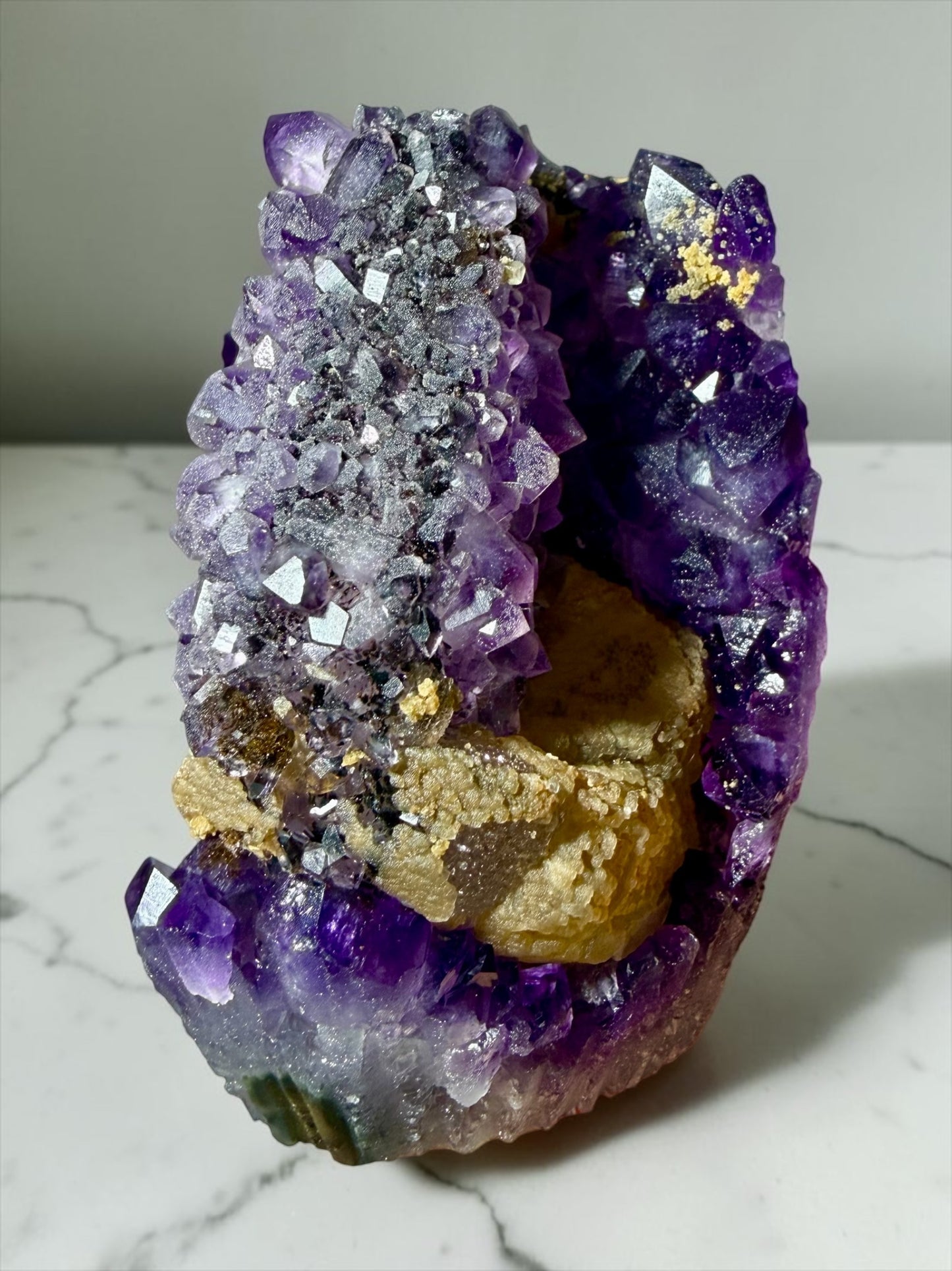 Sugar Amethyst Cutbase with Calcite & Goethite- Uruguay | River Walkers Minerals