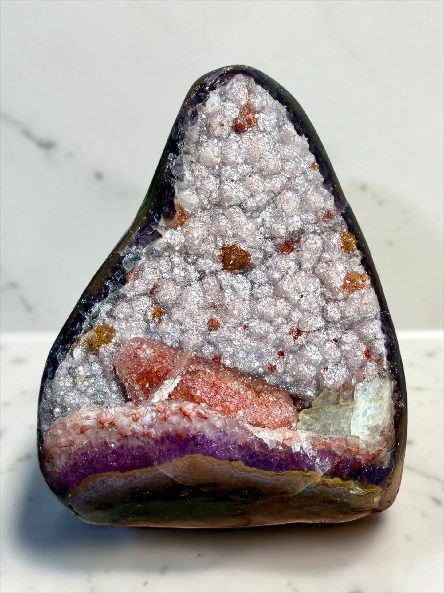 Unusual Pink Druzy Calcite on Druzy Amethyst Cutbase- Uruguay | River Walkers Minerals