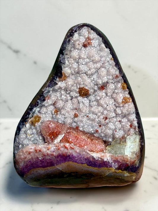 Unusual Pink Druzy Calcite on Druzy Amethyst Cutbase- Uruguay | River Walkers Minerals