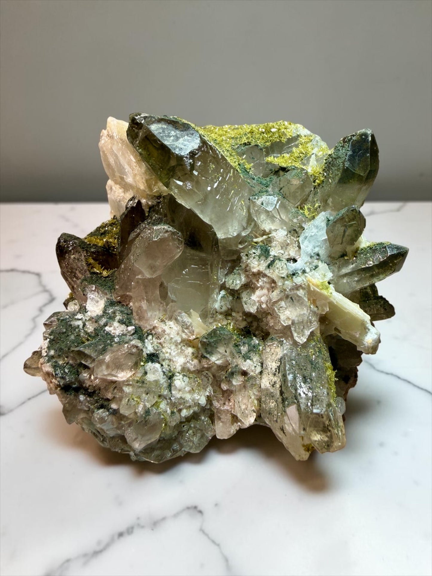 New Find Epidote on Smoky Quartz, Calcite- Vietnam | River Walkers Minerals