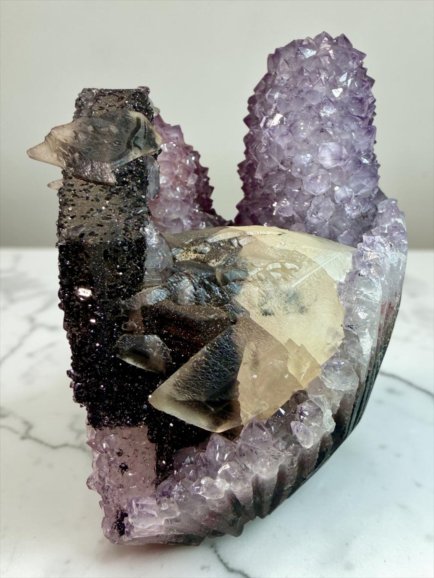 Elegant XL Calcite on Amethyst & Goethite- Uruguay | River Walkers Minerals