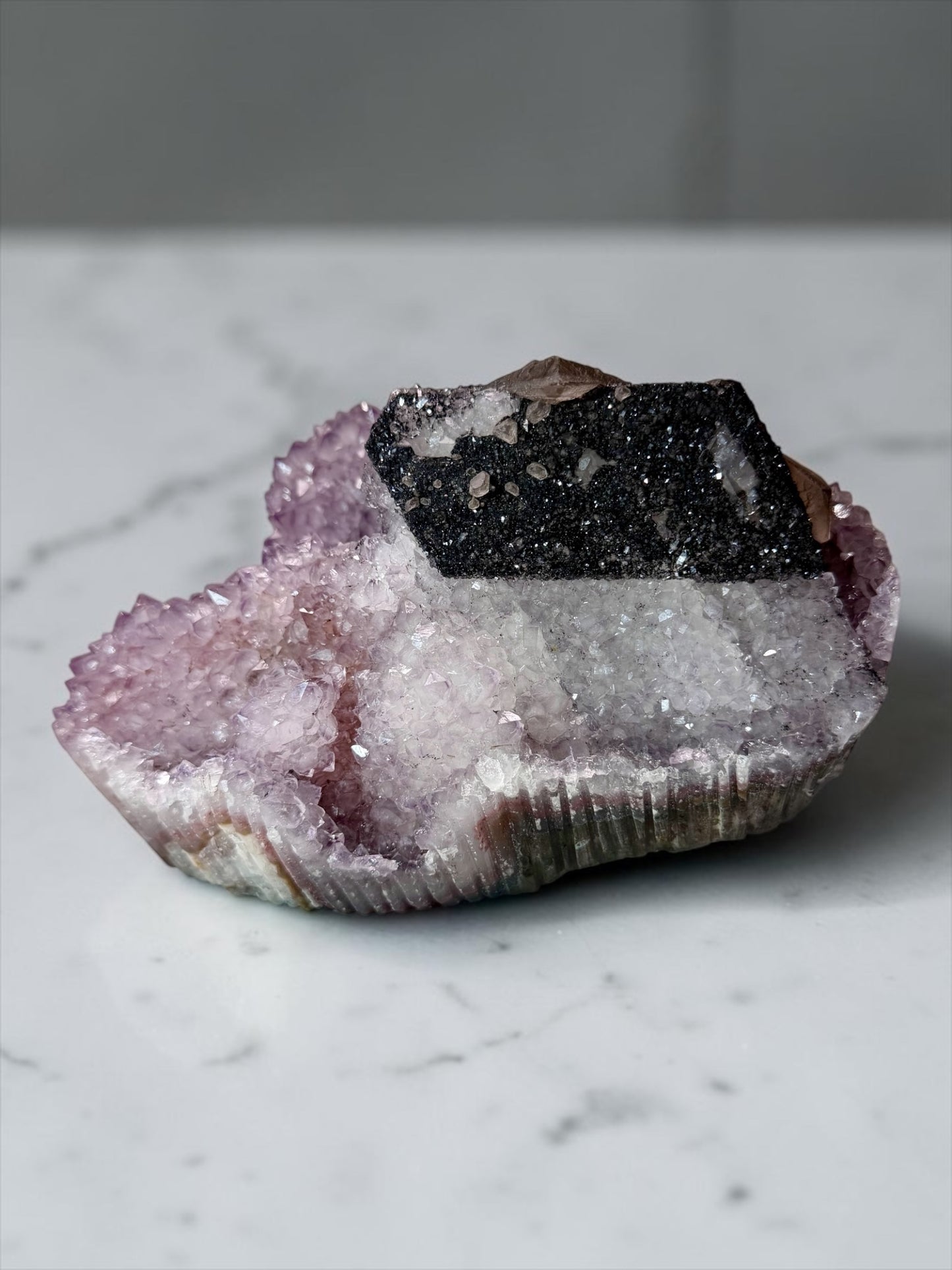 Elegant XL Calcite on Amethyst & Goethite- Uruguay | River Walkers Minerals
