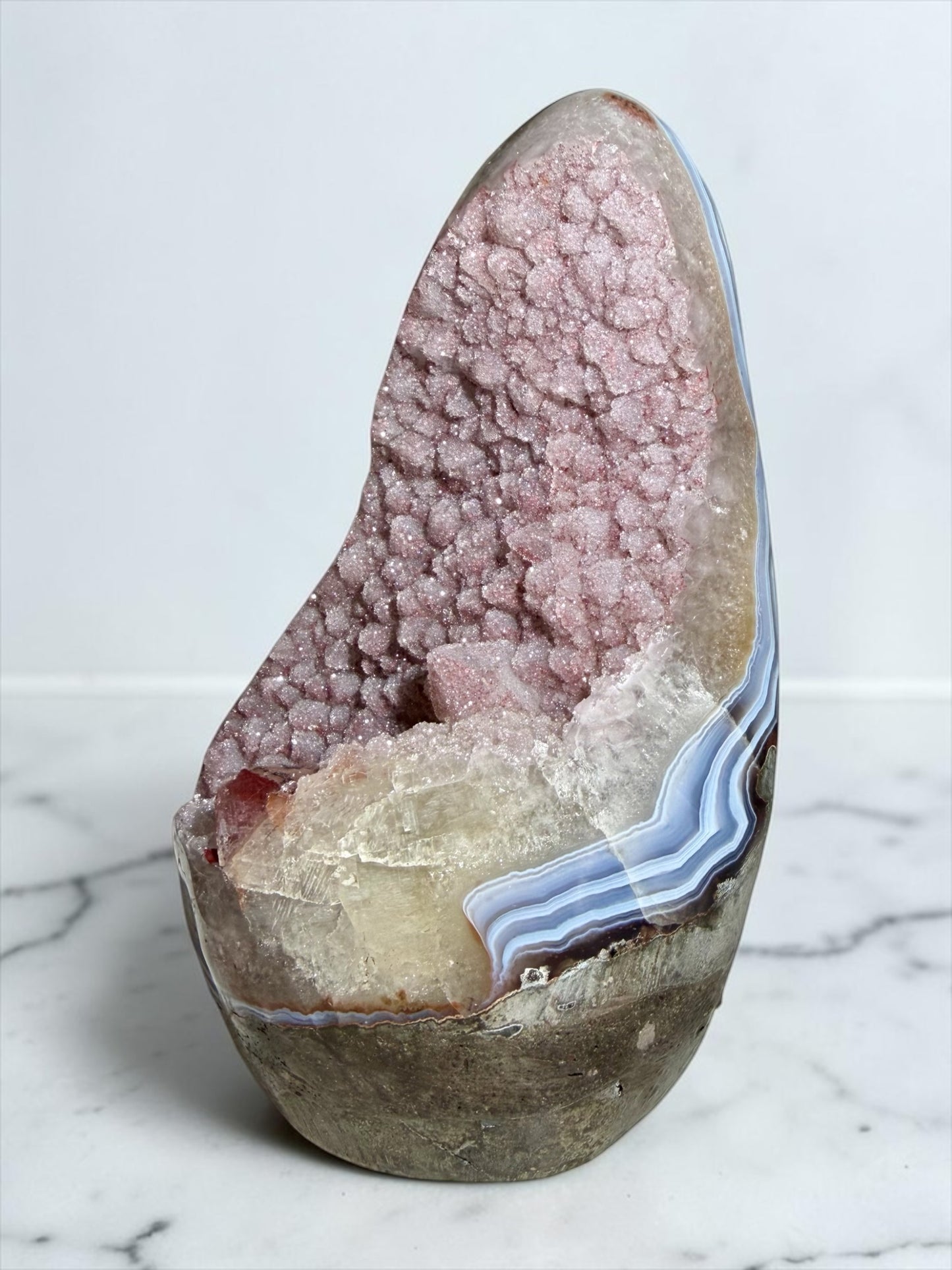Strawberry Pink Druzy Quartz with Blue Agate- Uruguay | River Walkers Minerals