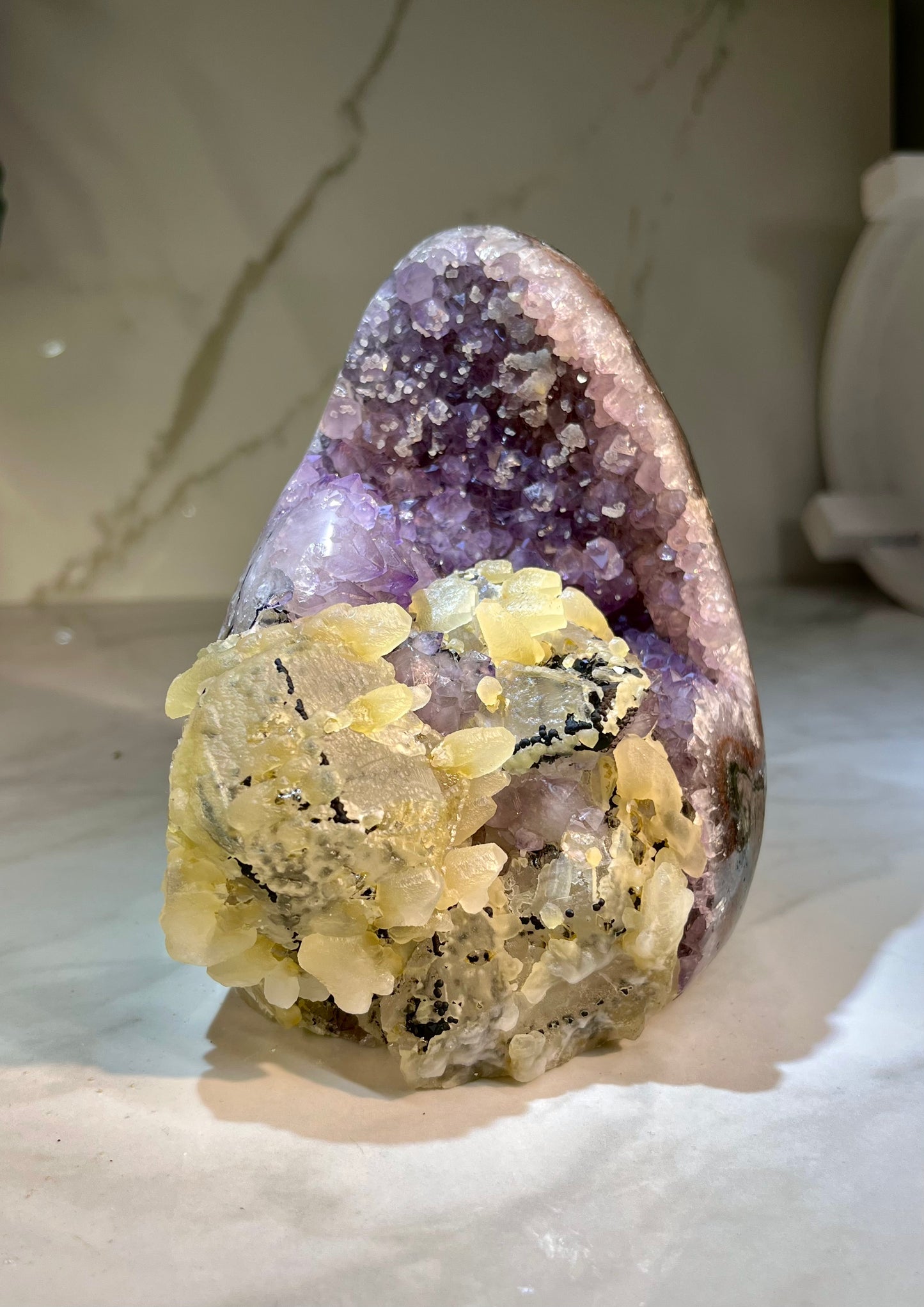 Amethyst With Complex Calcite x Goethite Cutbase
