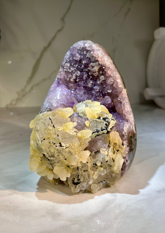 Amethyst With Complex Calcite x Goethite Cutbase