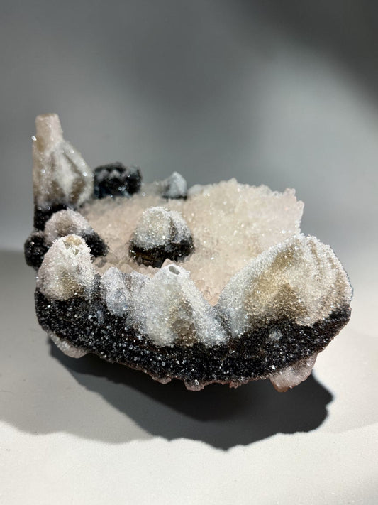 Crowned Hexagonal Calcite with Druzy Quartz & Goethite Strip- Uruguay | River Walkers Minerals