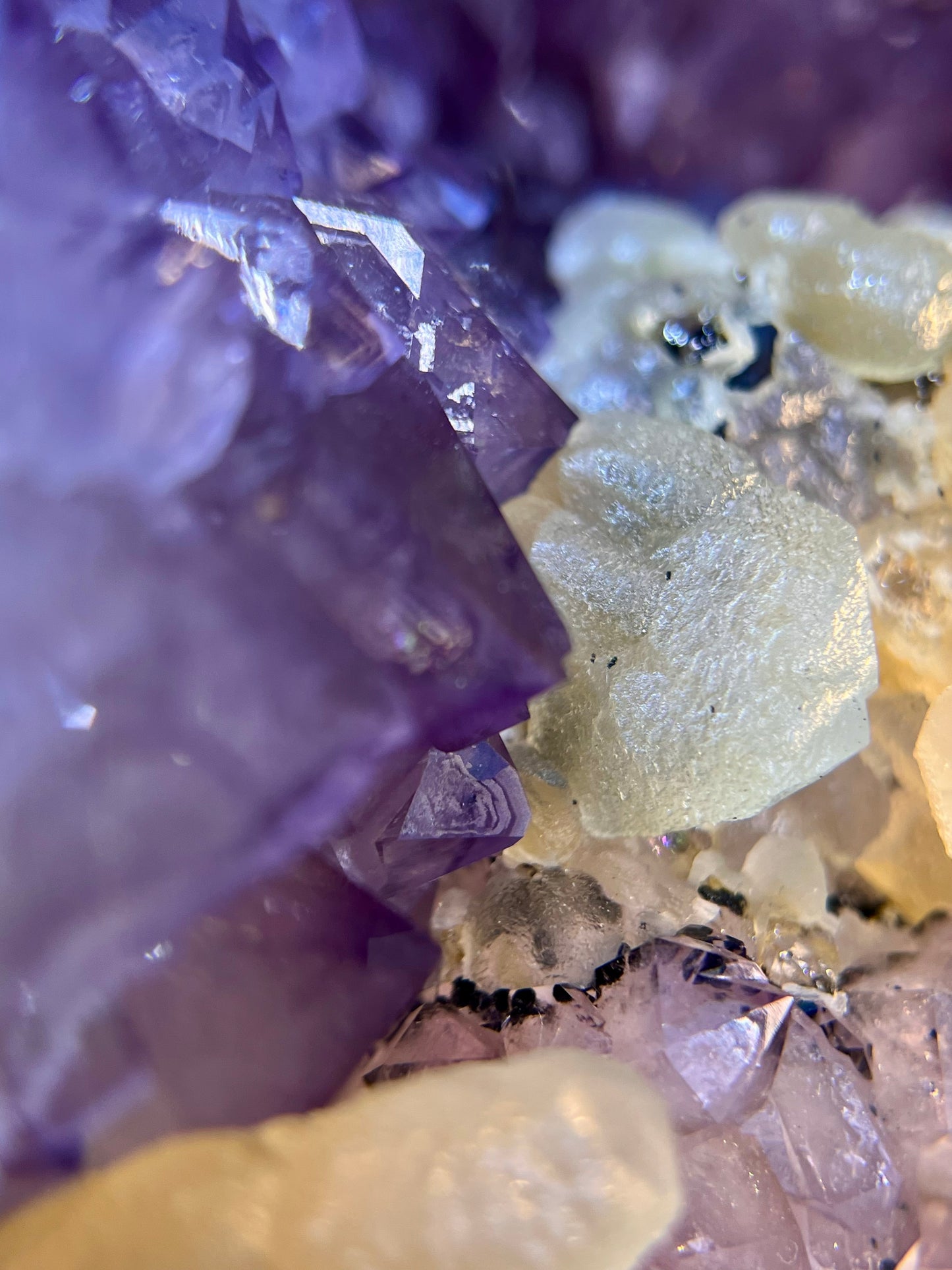 Amethyst With Complex Calcite x Goethite Cutbase
