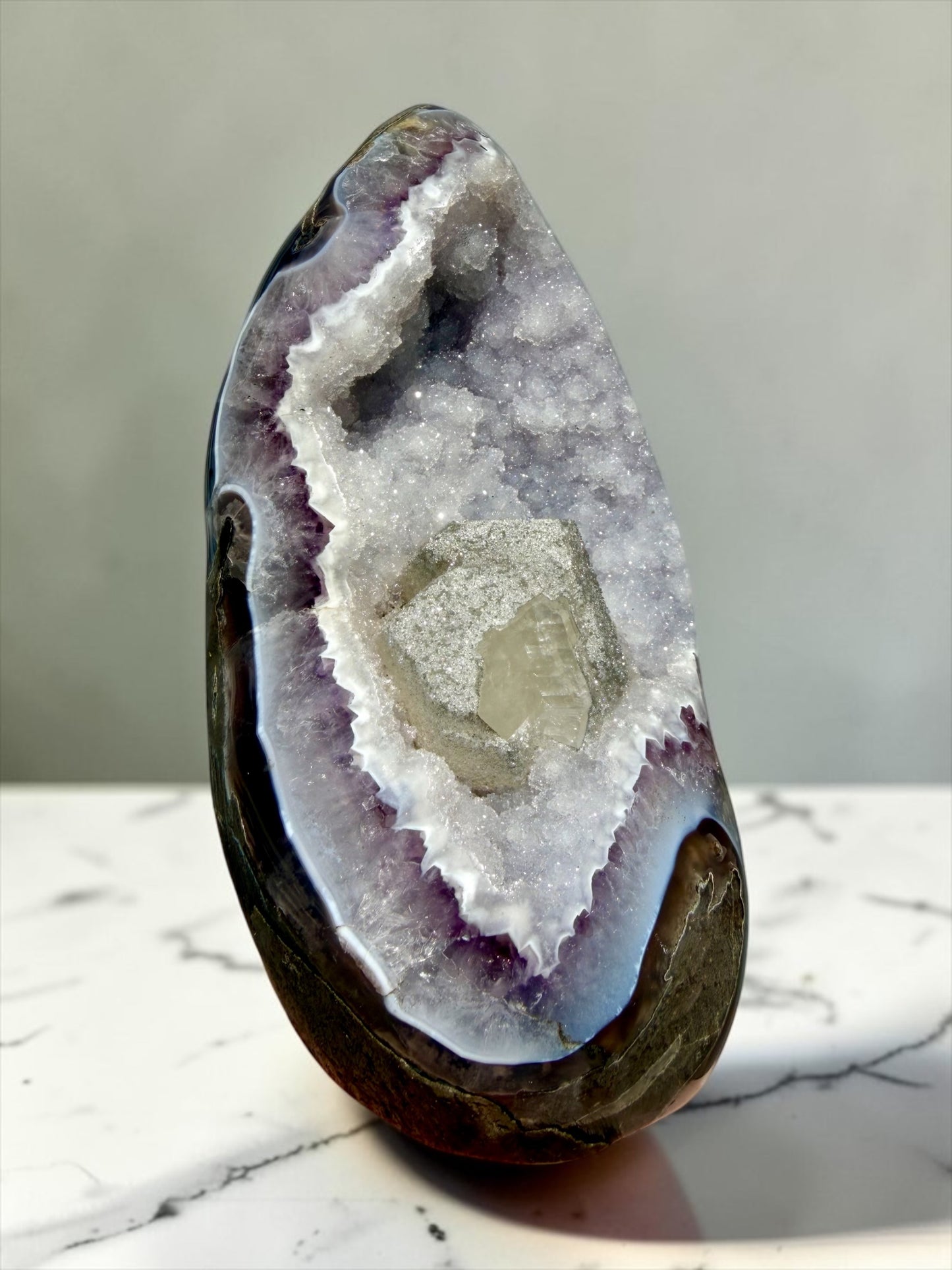 Large Druzy Quartz with Blue Agate, Amethyst, and Calcite