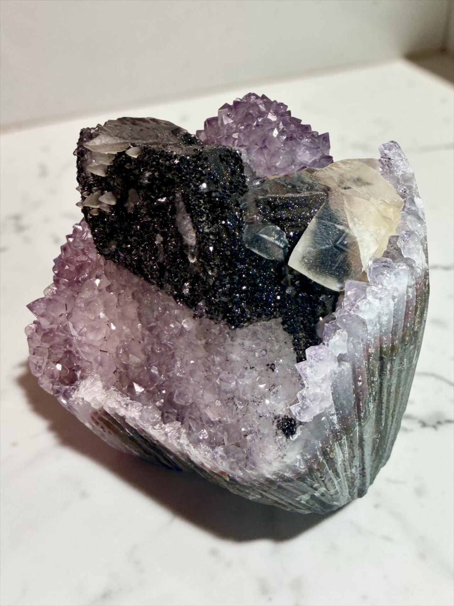 Elegant XL Calcite on Amethyst & Goethite- Uruguay | River Walkers Minerals