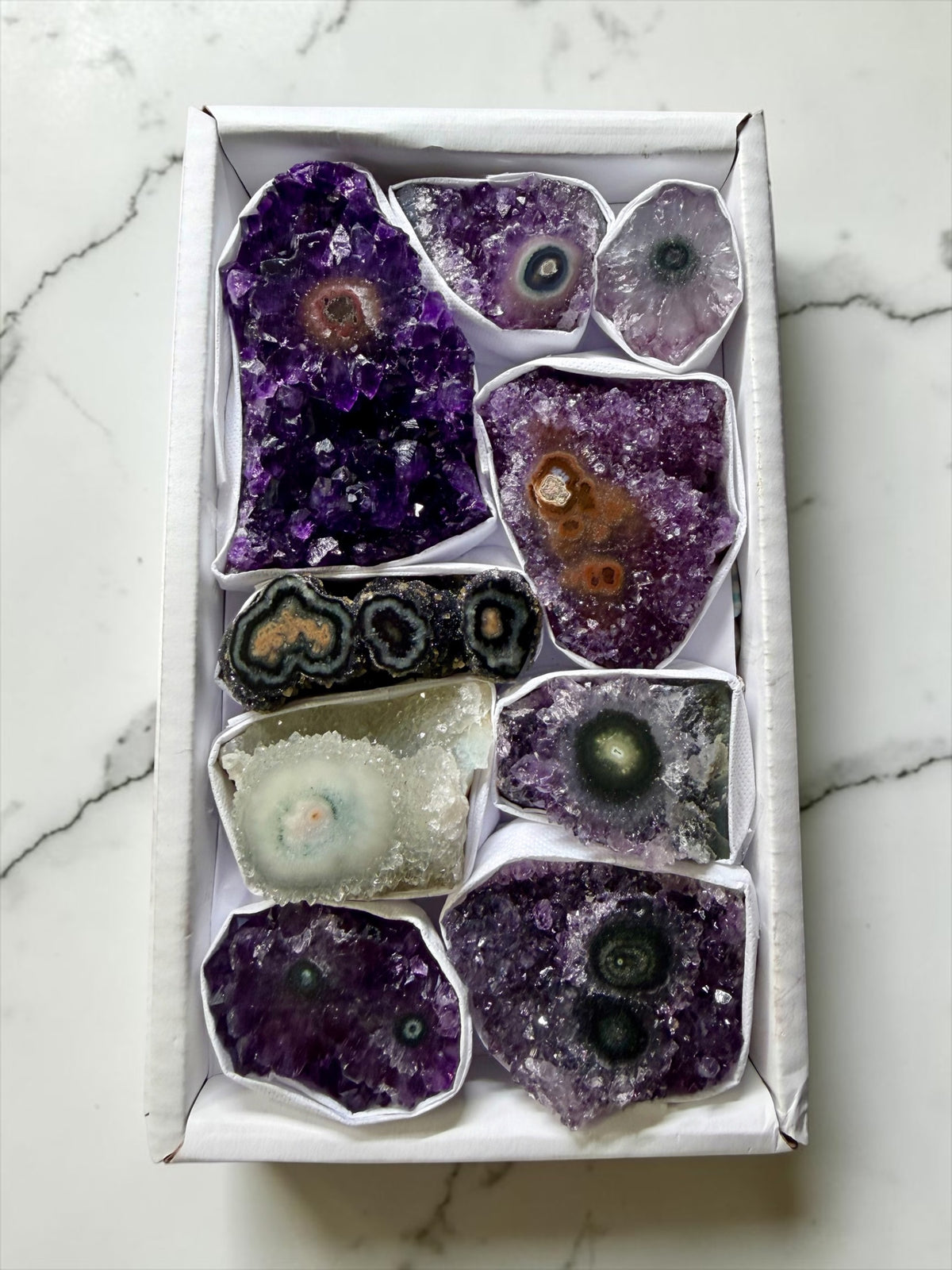 Mixed Flat of Amethyst & Jasper Stalactite "Eyes"- Uruguay | River Walkers Minerals