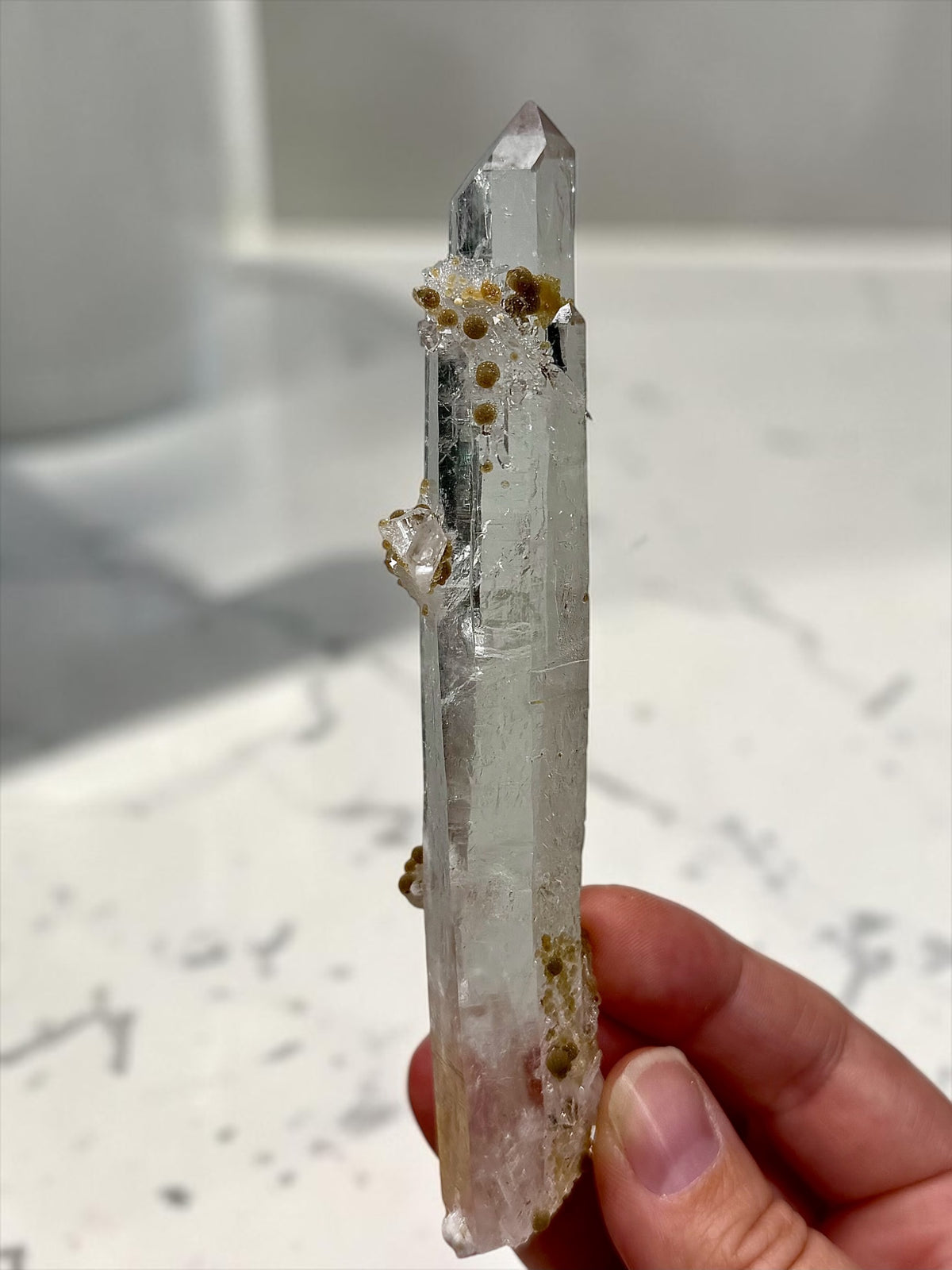 Exceptional Top Quality Quartz Point With Spherical Goethite- Diamantina | River Walkers Minerals