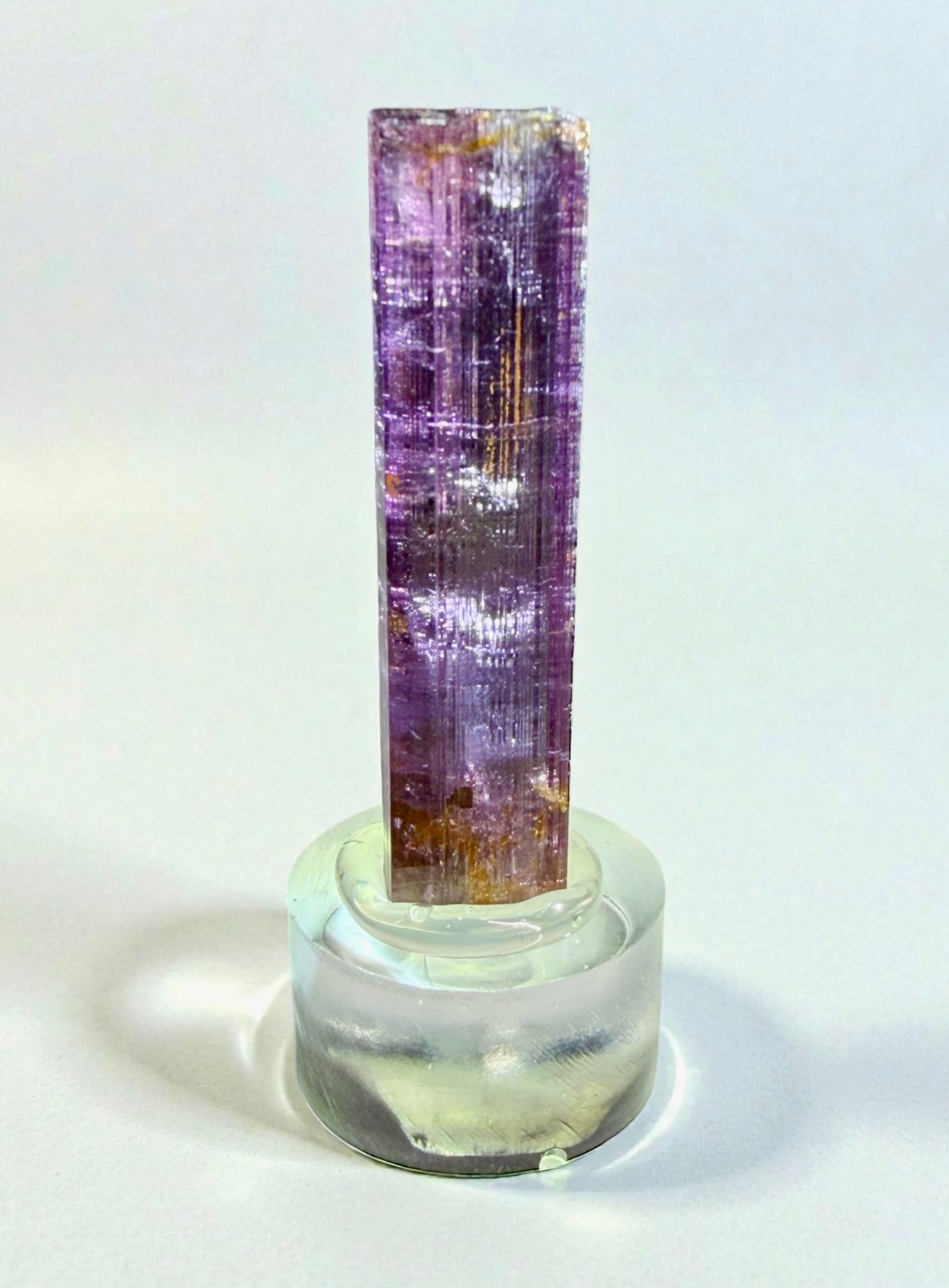 Color-zoned tourmaline crystal from Aricanga Mine, lavender to gold, single prismatic specimen