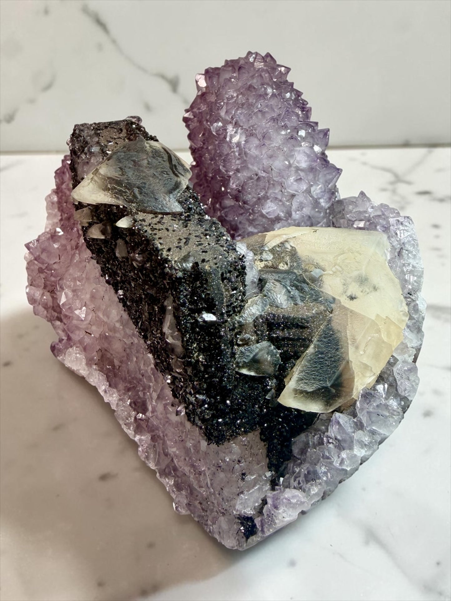 Elegant XL Calcite on Amethyst & Goethite- Uruguay | River Walkers Minerals