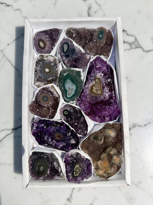 Mixed Flat of Amethyst & Jasper Stalactite "Eyes"- Uruguay | River Walkers Minerals