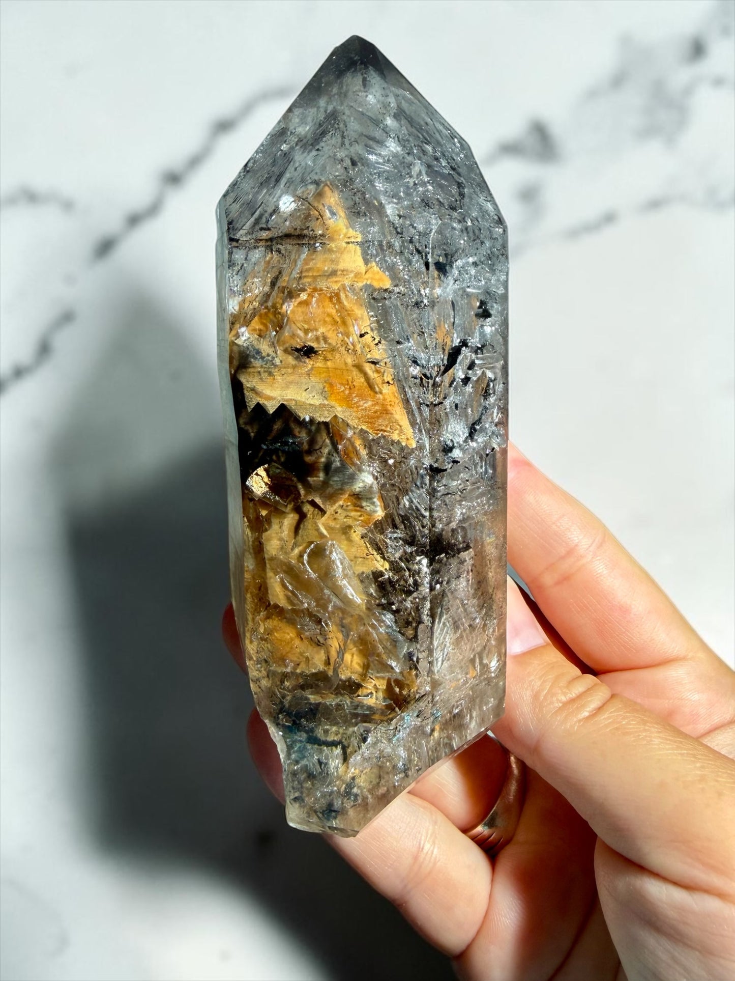 Natural Quartz with Enhydros, Falling Black Sediment & Yellow Clay Inclusions- Laos (Vietnam Border Region)| River Walkers Minerals