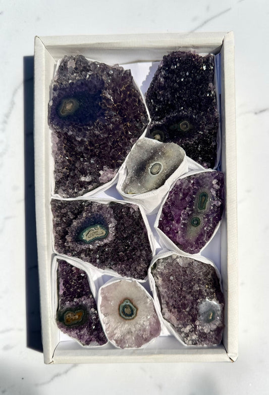 Mixed Flat of Amethyst & Jasper Stalactite "Eyes"- Uruguay | River Walkers Minerals