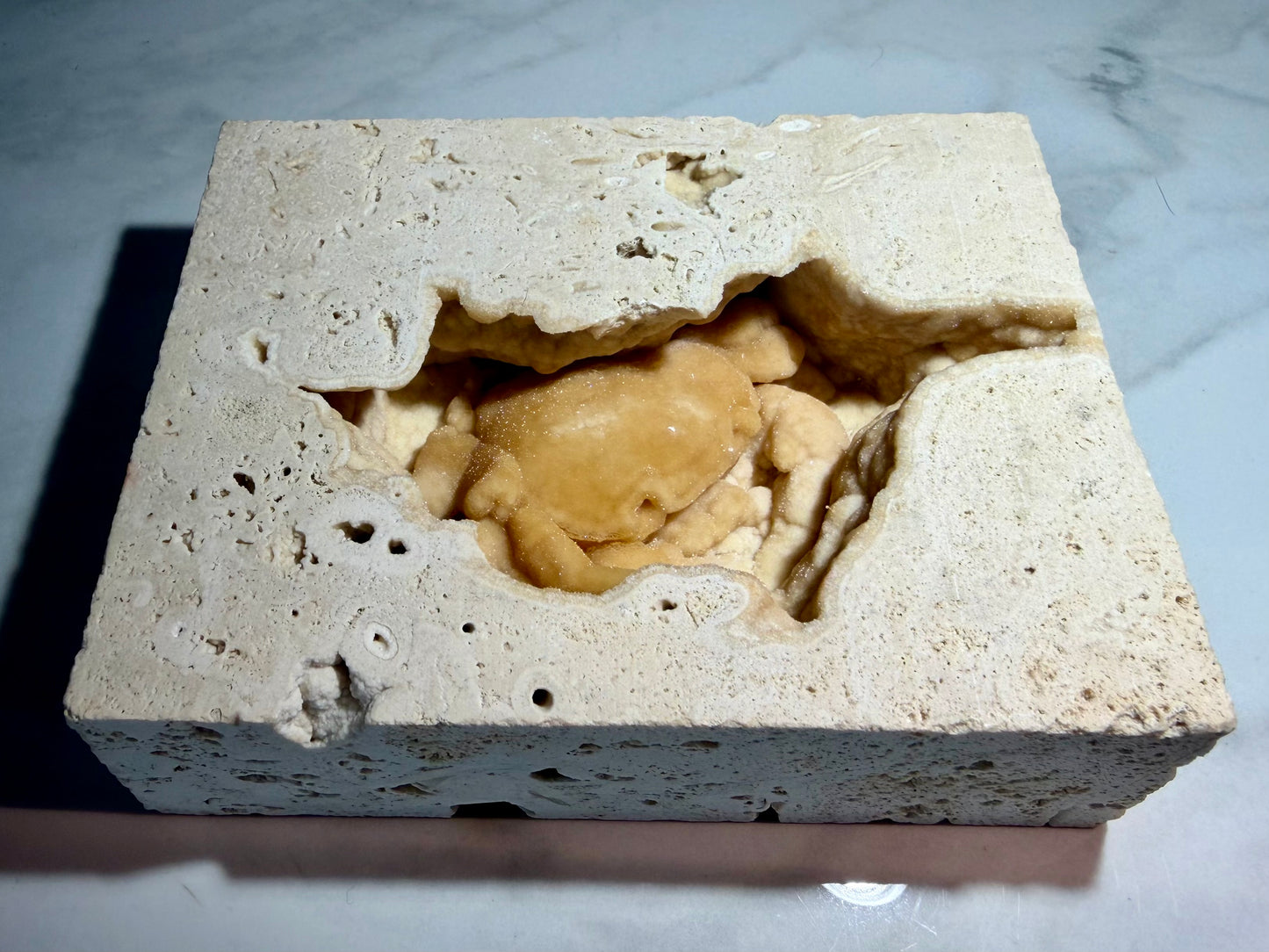 Phosphorescent travertine chamber with partially revealed fossil crab and rounded mineral formations.