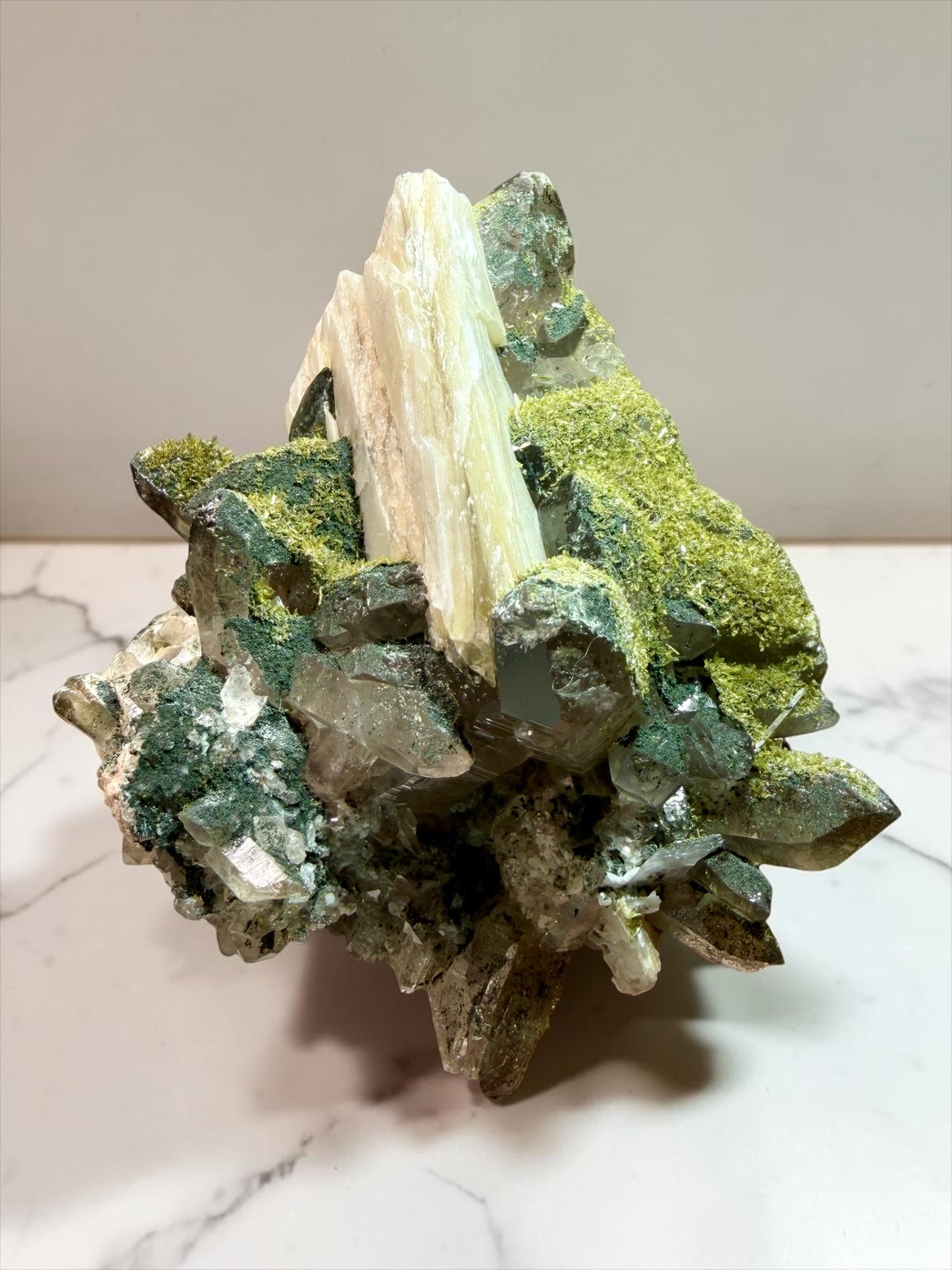 New Find Epidote on Smoky Quartz, Calcite- Vietnam | River Walkers Minerals