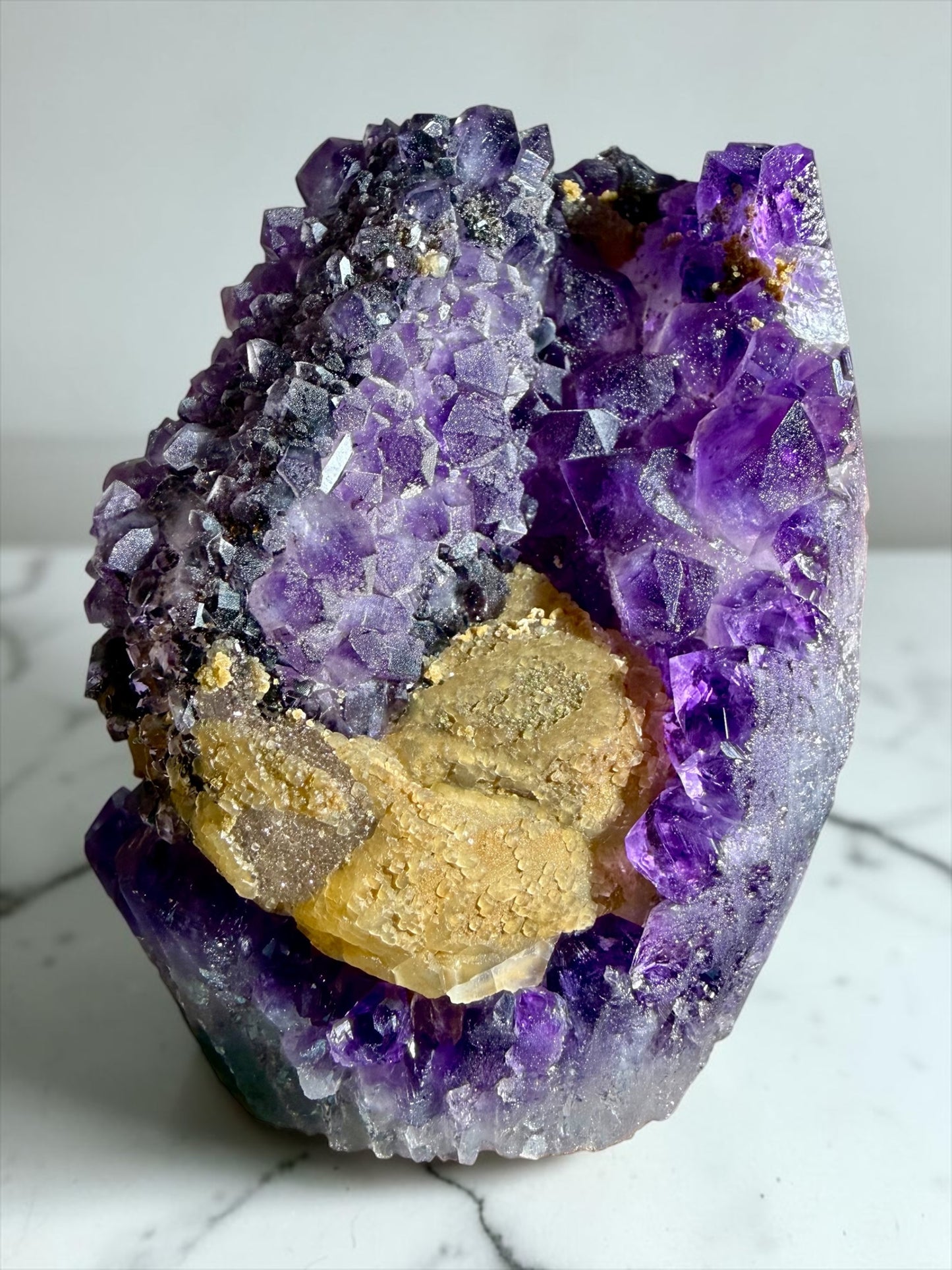 Sugar Amethyst Cutbase with Calcite & Goethite- Uruguay | River Walkers Minerals