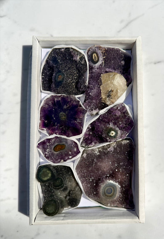 Mixed Flat of Amethyst & Jasper Stalactite "Eyes"- Uruguay | River Walkers Minerals